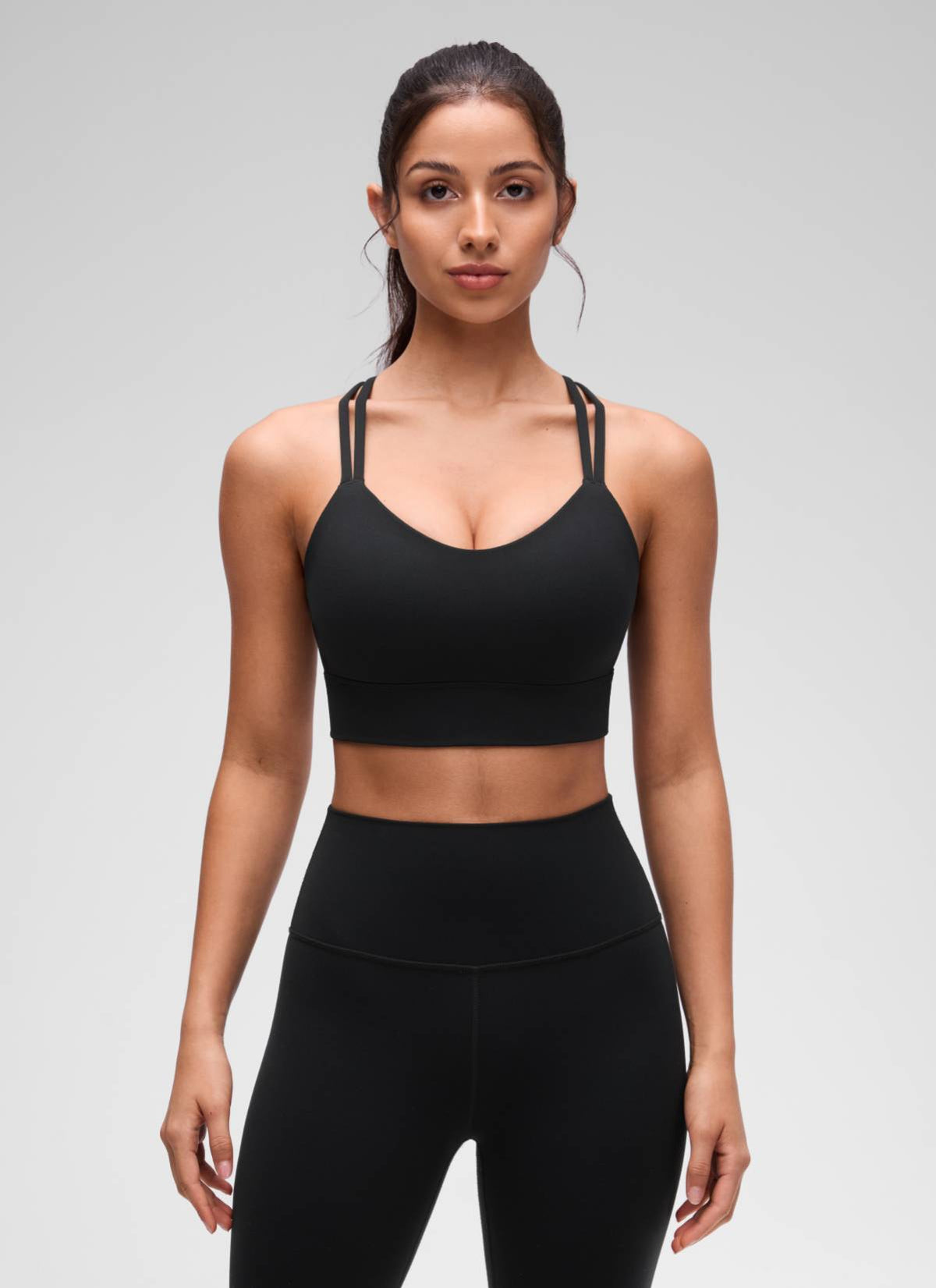 CRZ YOGA Womens Butterluxe Strappy Longline Criss Cross Molded Cup Bra Black @model_info:Maysa