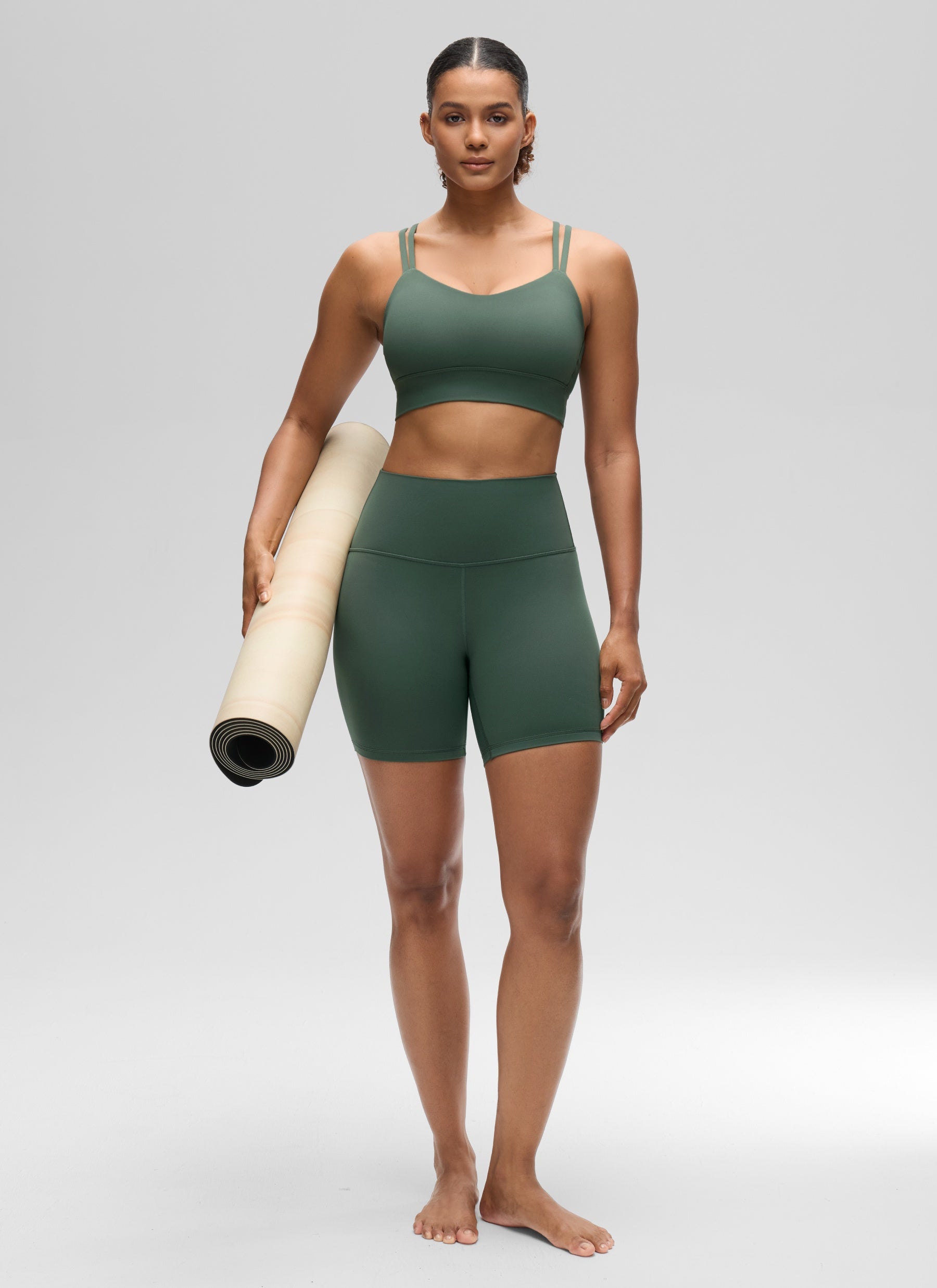 CRZ YOGA Womens Butterluxe Strappy Longline Criss Cross Molded Cup Bra Dark Forest Green @model_info:Barbara