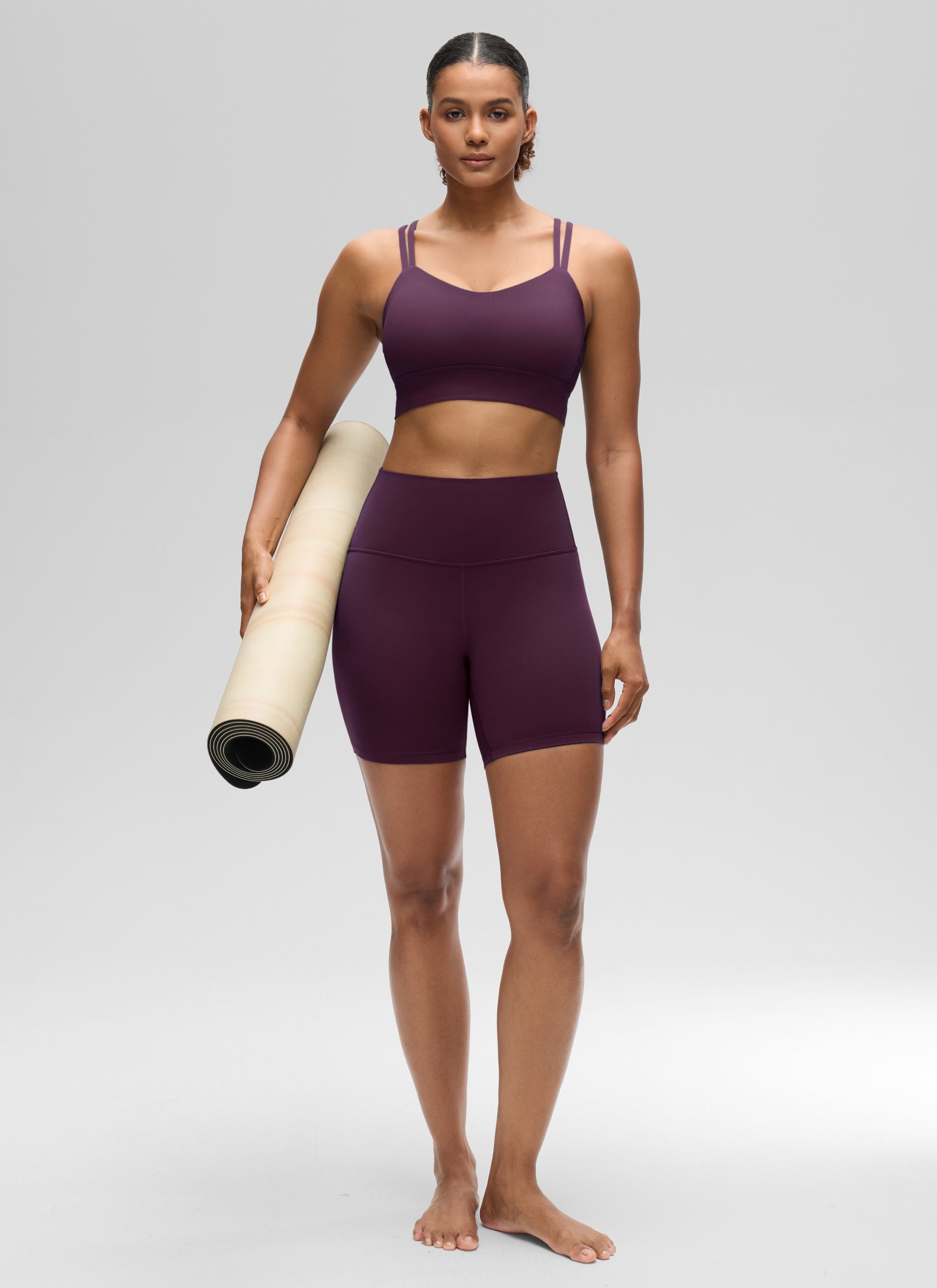 CRZ YOGA Womens Butterluxe Strappy Longline Criss Cross Molded Cup Bra Deep Purple @model_info:Barbara