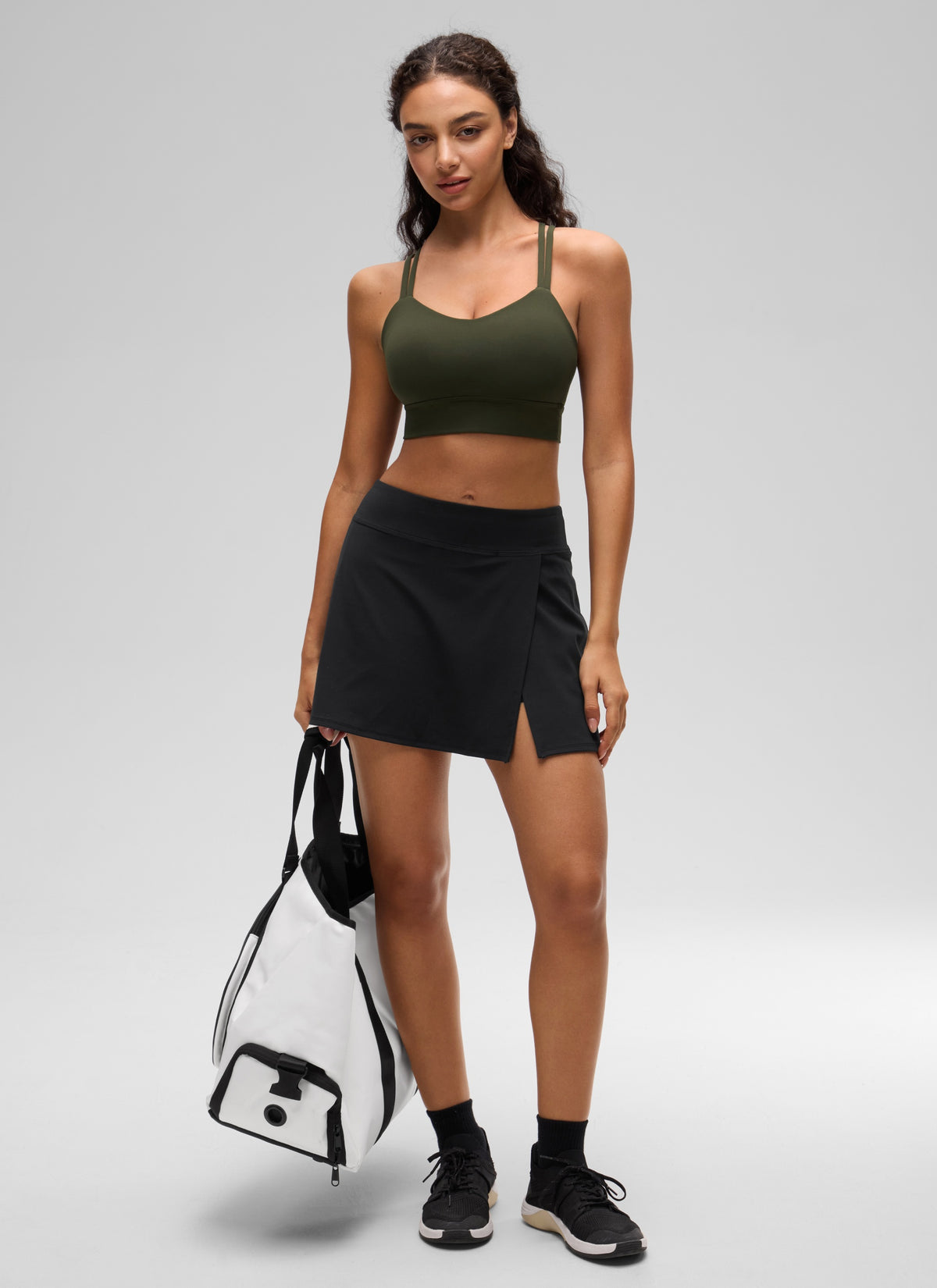 CRZ YOGA Womens Butterluxe Strappy Longline Criss Cross Molded Cup Bra Olive Green @model_info:Anano