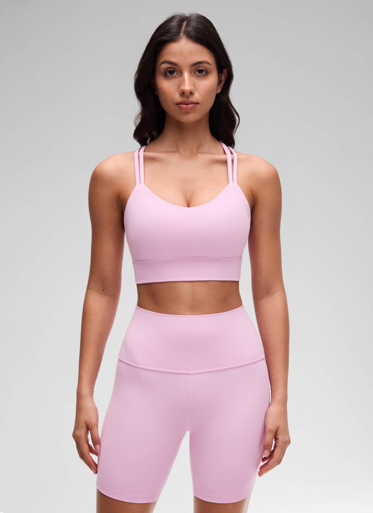 CRZ YOGA Womens Butterluxe Strappy Longline Criss Cross Molded Cup Bra Vita Pink @model_info:Maysa