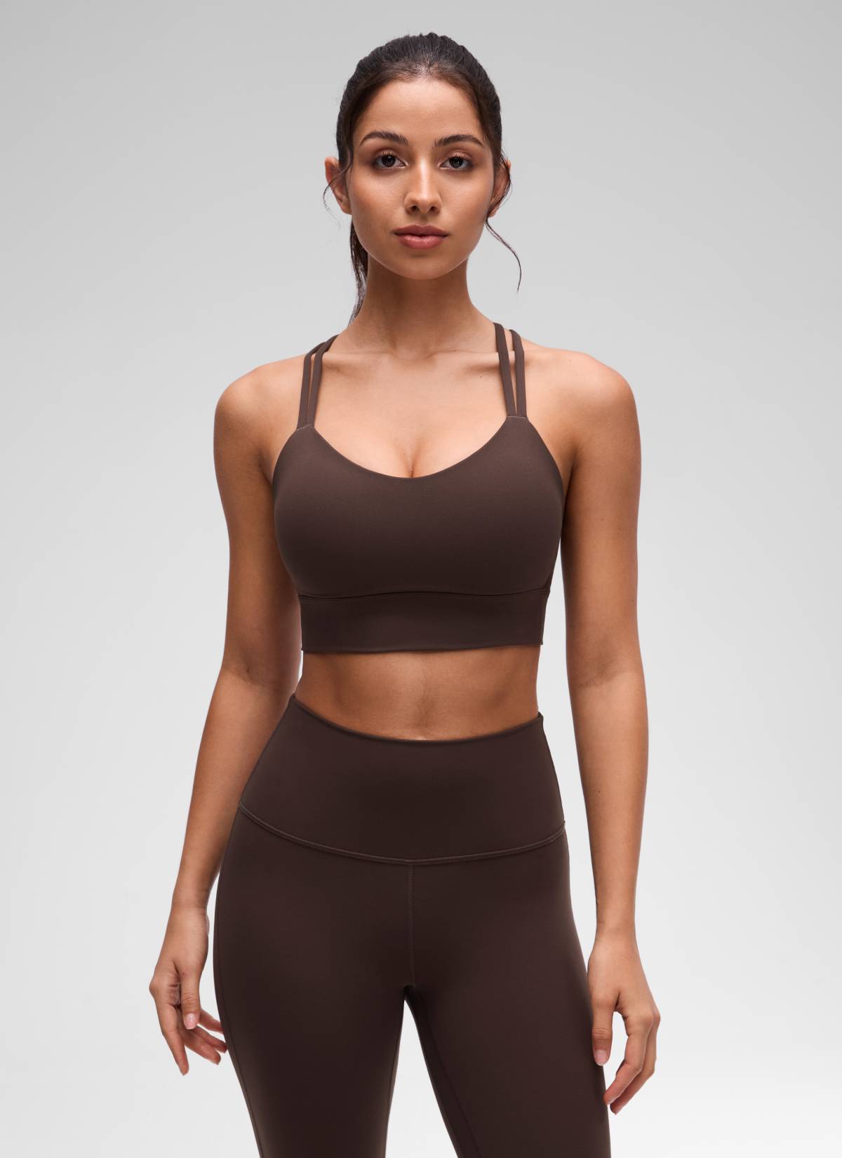 CRZ YOGA Womens Butterluxe Strappy Longline Criss Cross Molded Cup Bra Hot Fudge Brown @model_info:Maysa