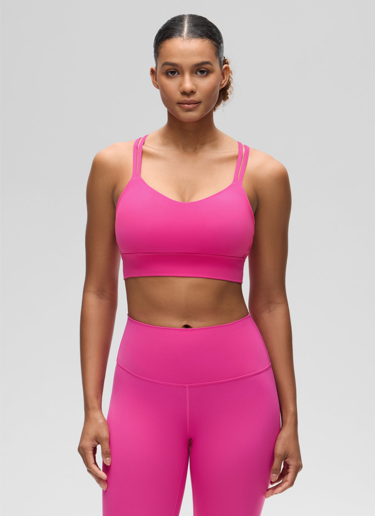 CRZ YOGA Womens Butterluxe Strappy Longline Criss Cross Molded Cup Bra Hibiscus Purple @model_info:Barbara