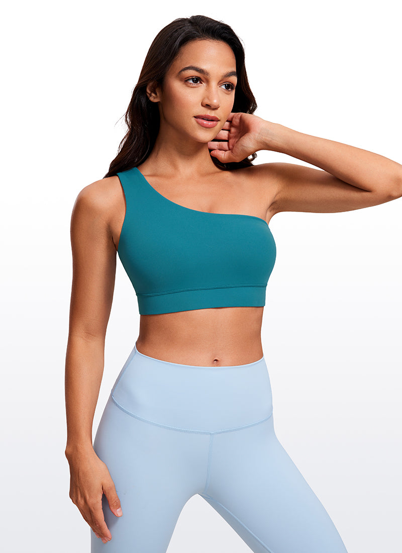 CRZ YOGA Butterluxe Womens One Shoulder Sports Bra Asymmetrical Padded Borealis Green @model_info:Maria