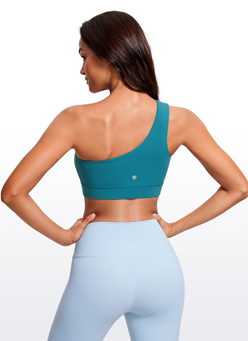 CRZ YOGA Butterluxe Womens One Shoulder Sports Bra Asymmetrical Padded Borealis Green @model_info:Maria