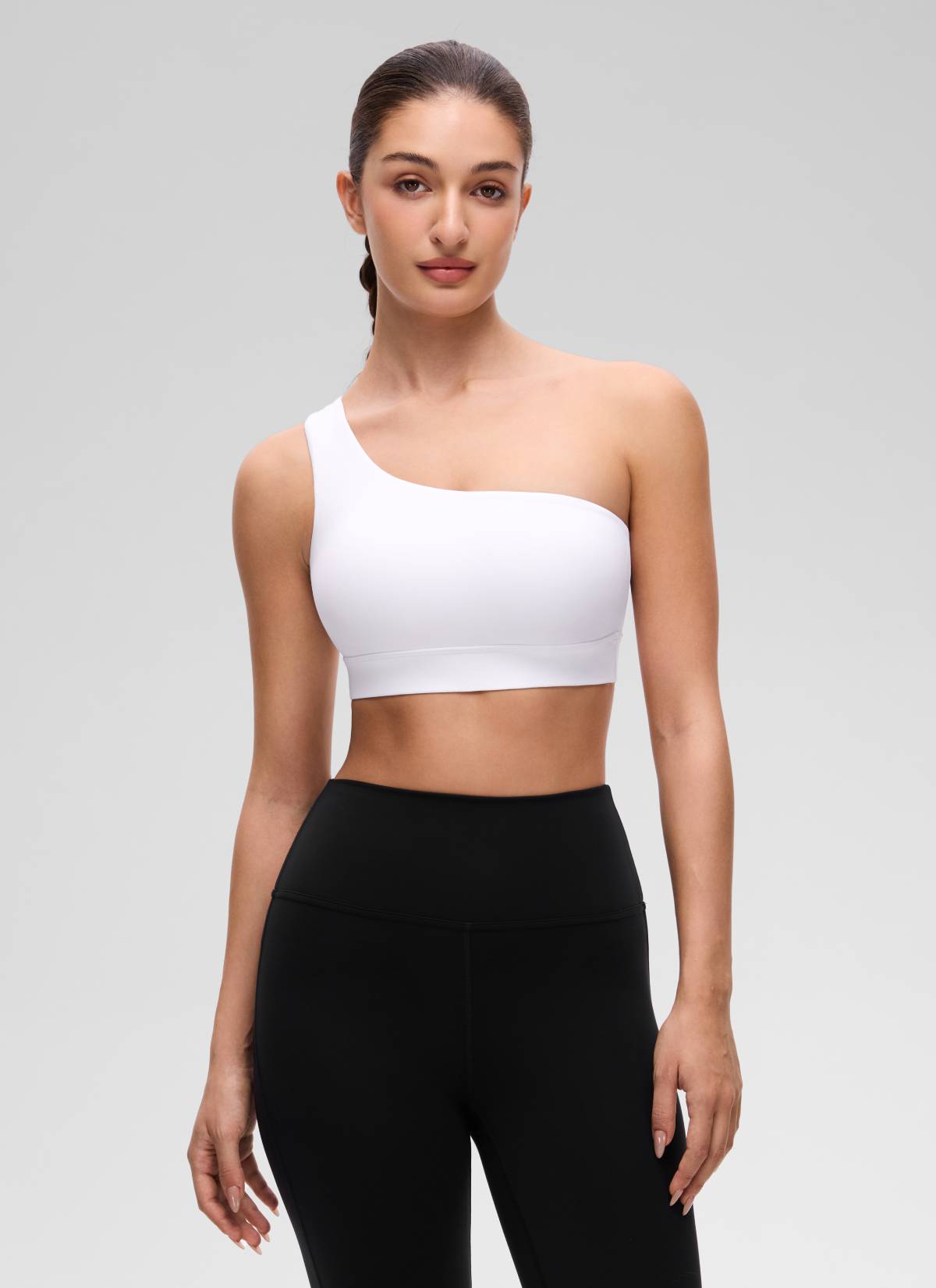 CRZ YOGA Butterluxe Womens One Shoulder Sports Bra Asymmetrical Padded White @model_info:Inga