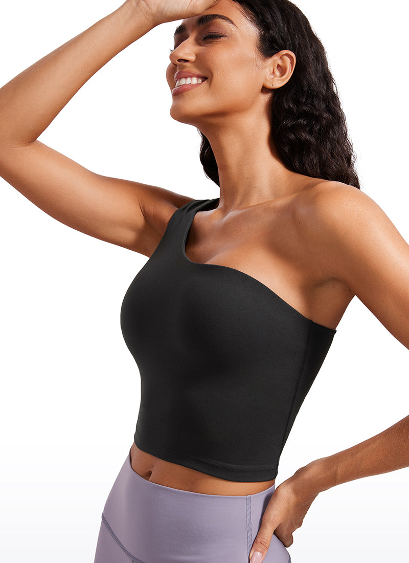 CRZ YOGA Butterluxe Women's One Shoulder Longline Sports Bra Black