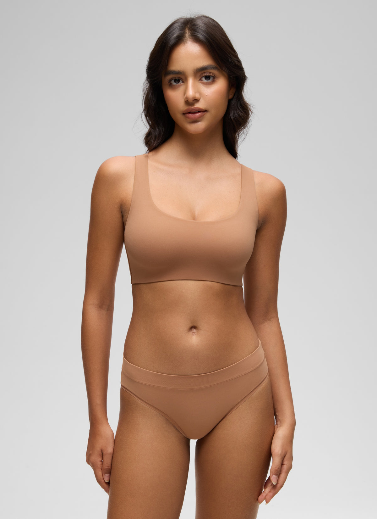 CRZ YOGA Women's Softhold Wireless Double Lined U Back Everyday Bra Gravel Beige @model_info:Liss