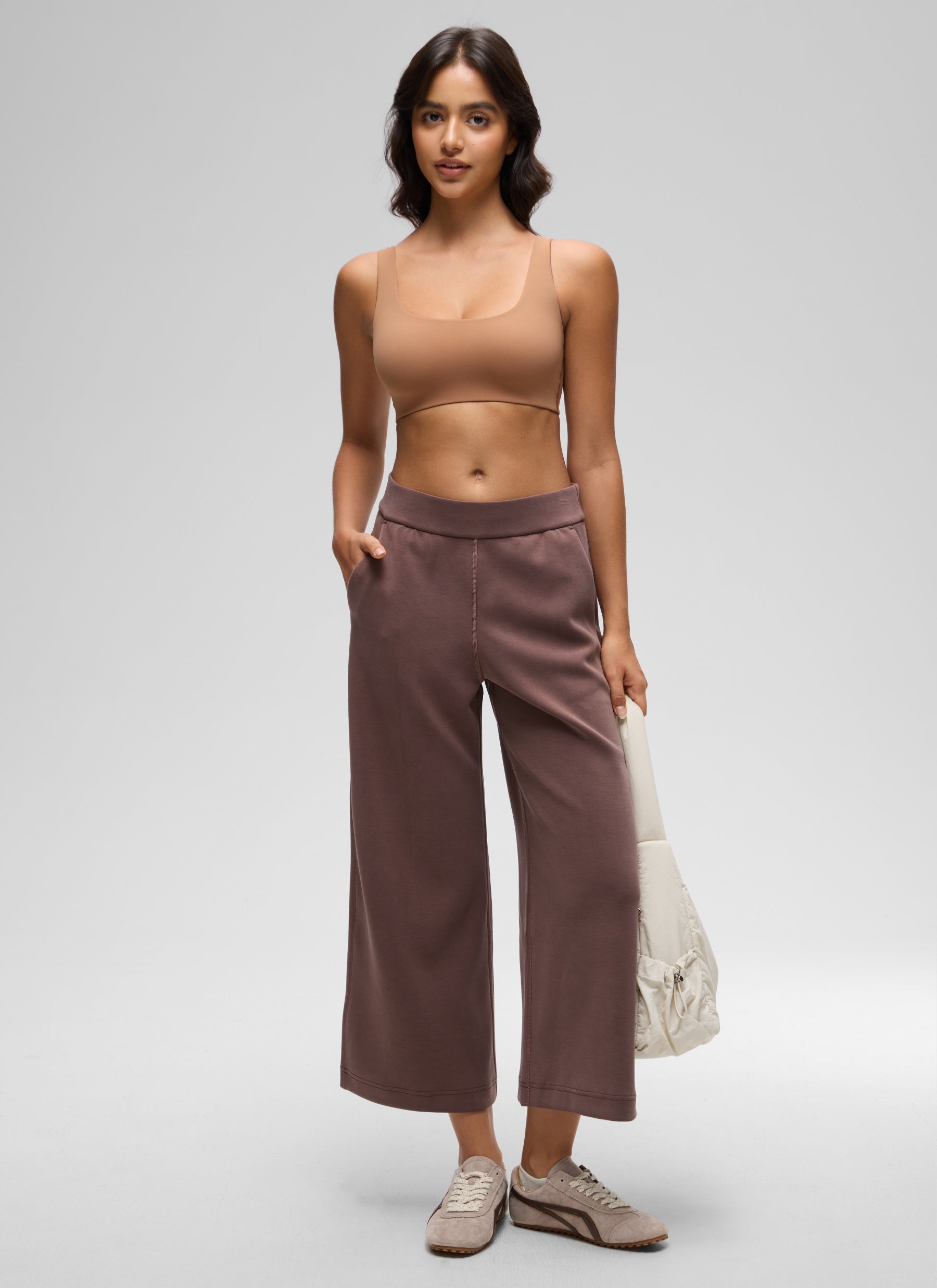 CRZ YOGA Women's Softhold Wireless Double Lined U Back Everyday Bra Gravel Beige @model_info:Liss