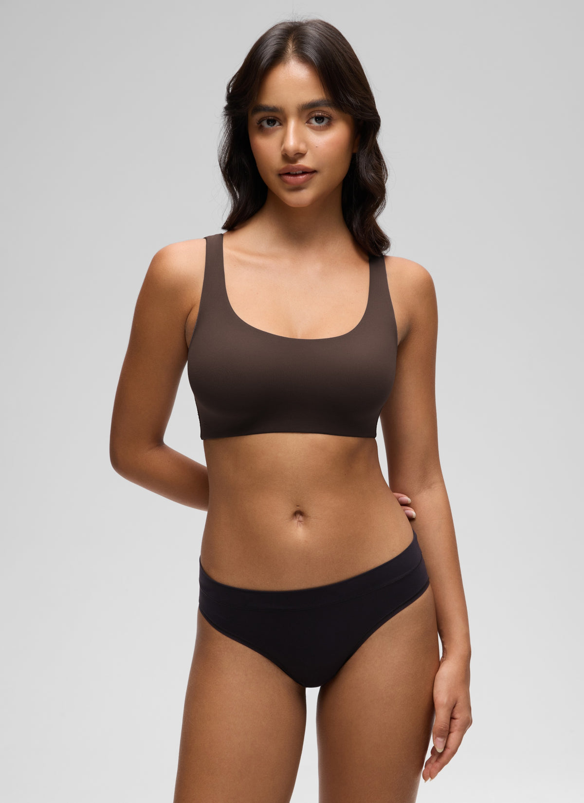 CRZ YOGA Women's Softhold Wireless Double Lined U Back Everyday Bra Hot Fudge Brown @model_info:Liss