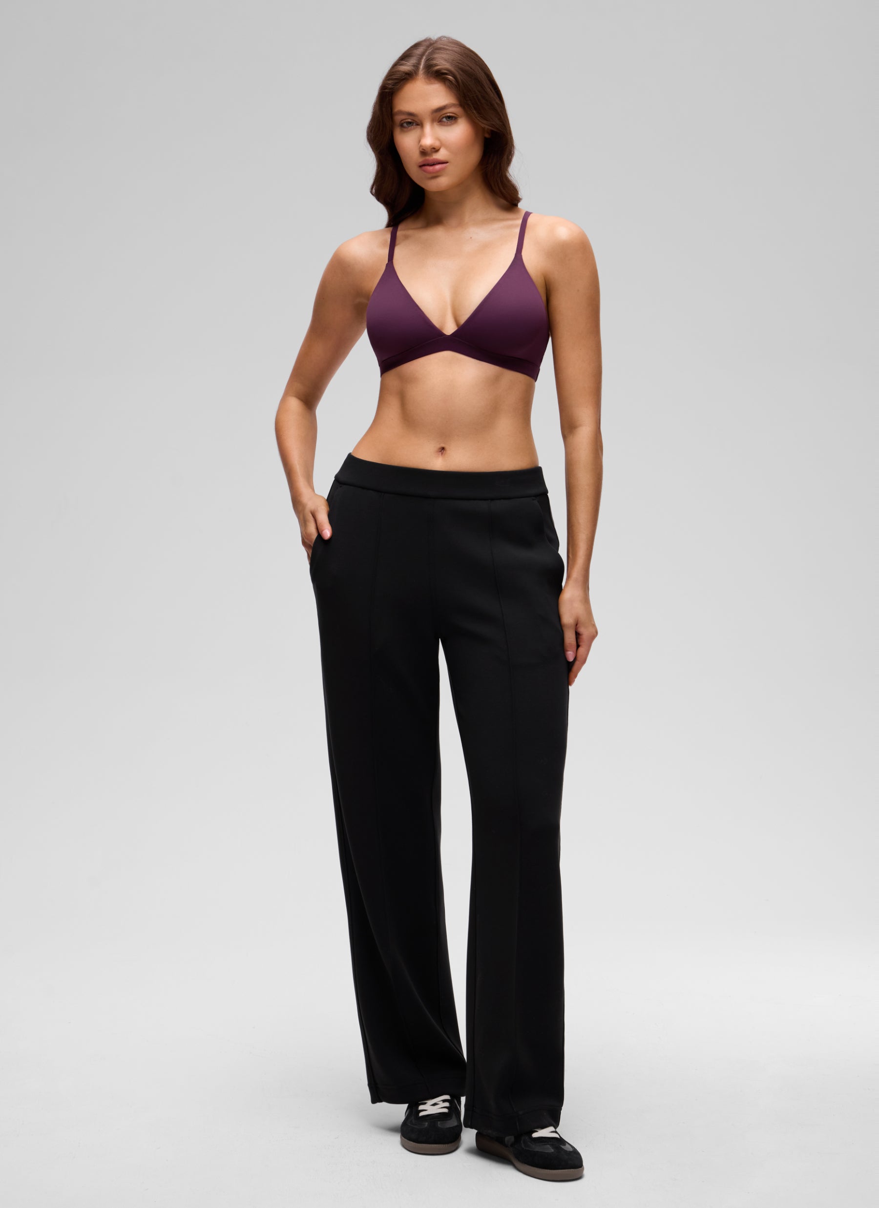 CRZ YOGA Softhold Womens Double Lined Wireless Triangle Bralette Deep Purple @model_info:V