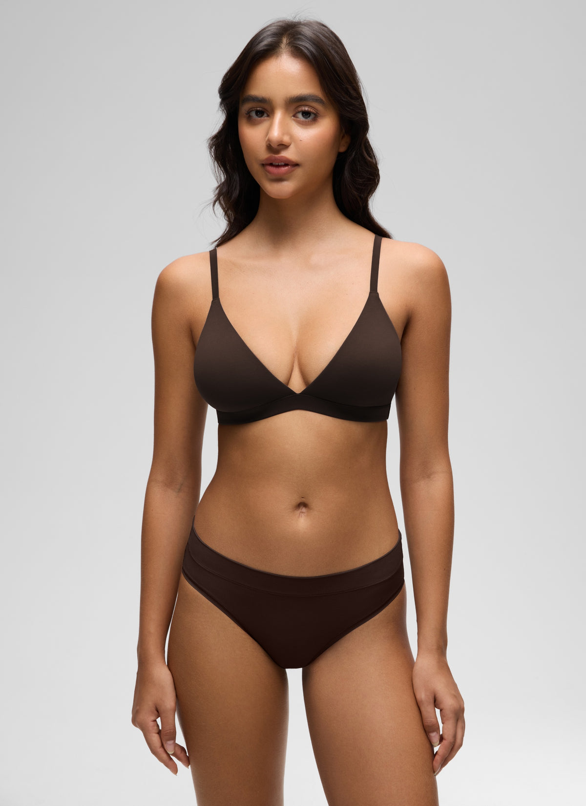 CRZ YOGA Softhold Womens Double Lined Wireless Triangle Bralette Hot Fudge Brown @model_info:Liss