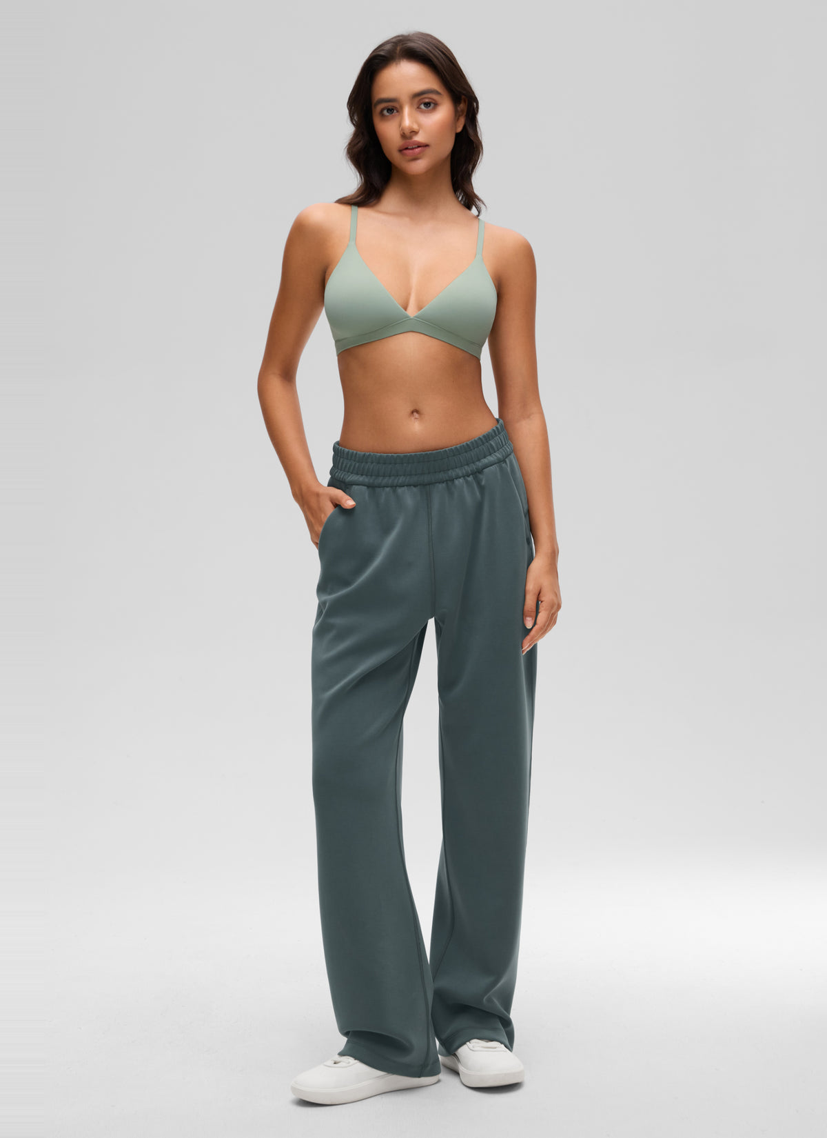 CRZ YOGA Softhold Womens Double Lined Wireless Triangle Bralette Green Palm Court @model_info:L