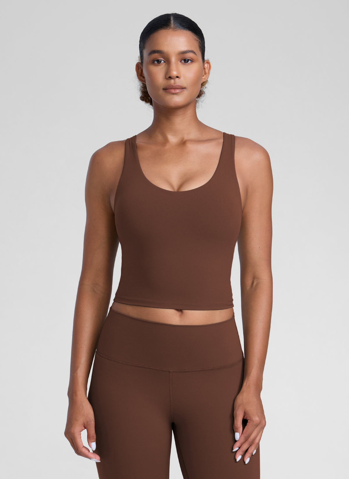 CRZ YOGA Womens Butterlift Racerback U Neck Yoga Built in Bra Tank Coffee Brown @model_info:Barbara