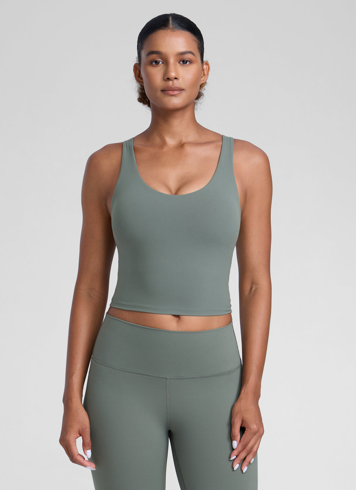 CRZ YOGA Womens Butterlift Racerback U Neck Yoga Built in Bra Tank Grey Sage @model_info:Barbara