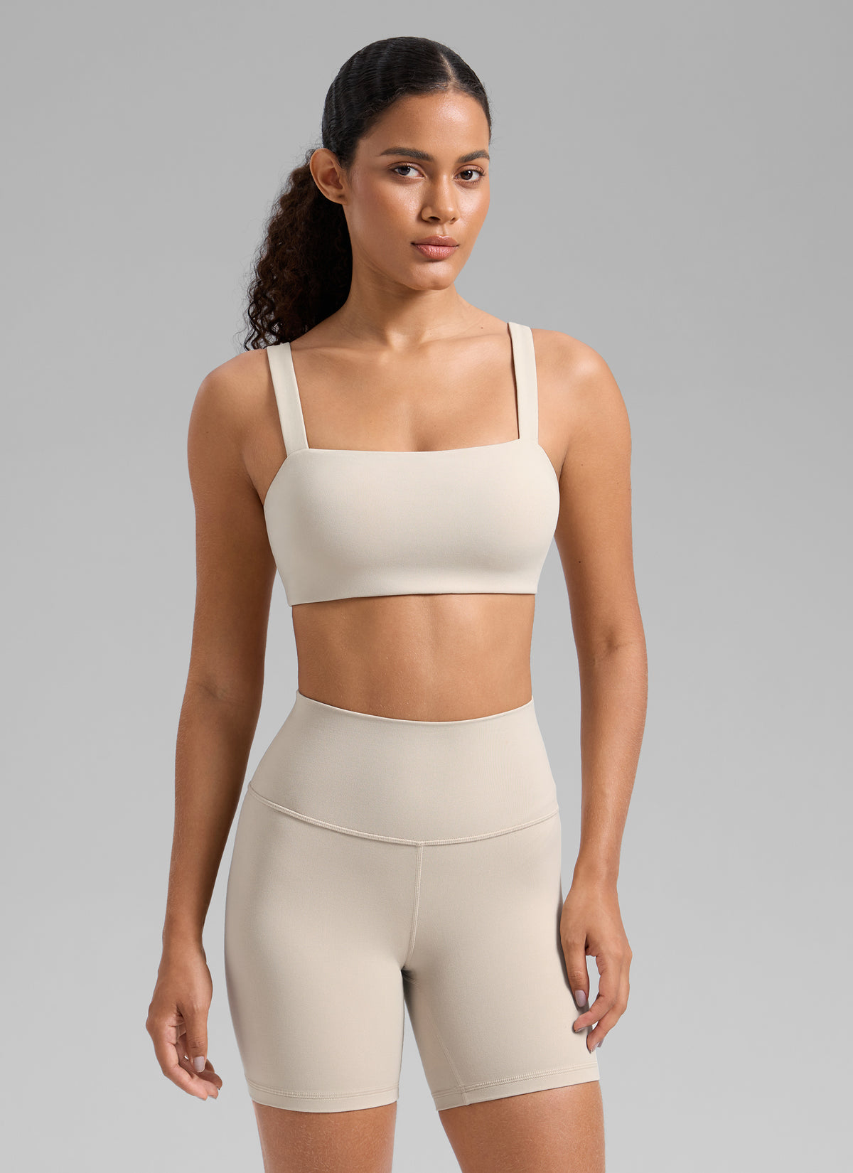 CRZ YOGA Women's Butterlift Workout Square Neck Built in Sports Bra Mojave Tan @model_info:Gabi