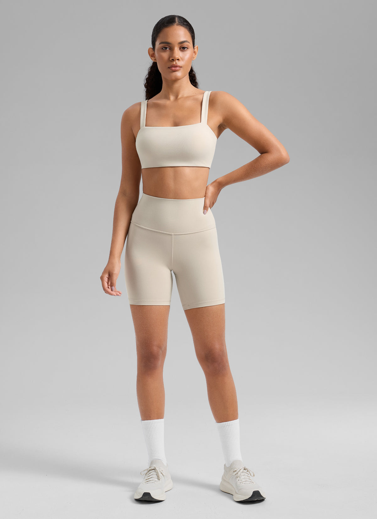 CRZ YOGA Women's Butterlift Workout Square Neck Built in Sports Bra Mojave Tan @model_info:Gabi