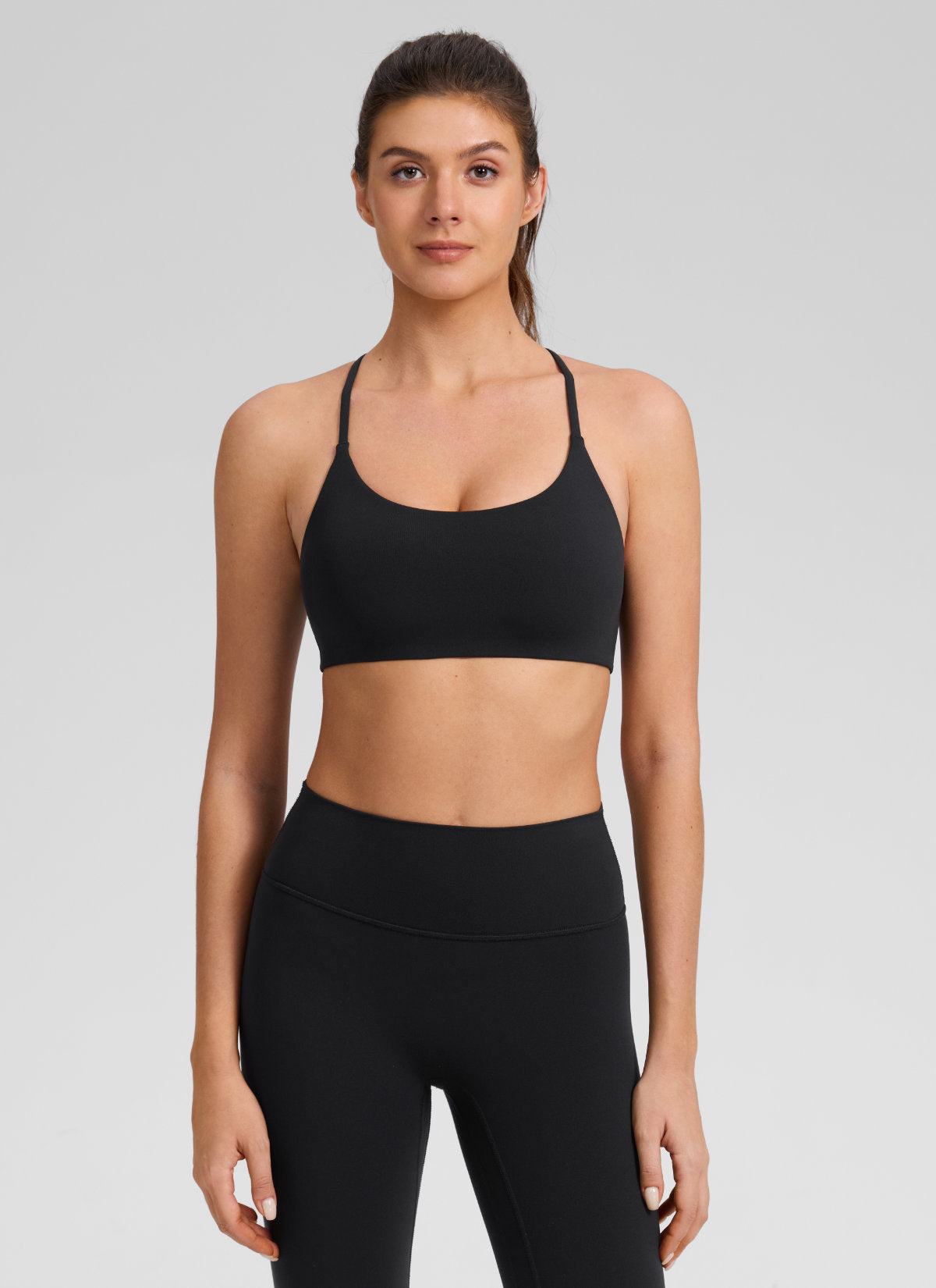 CRZ YOGA Women's Butterlift® Yoga V Back Double Lined Sports Bra Black @model_info:Gelya