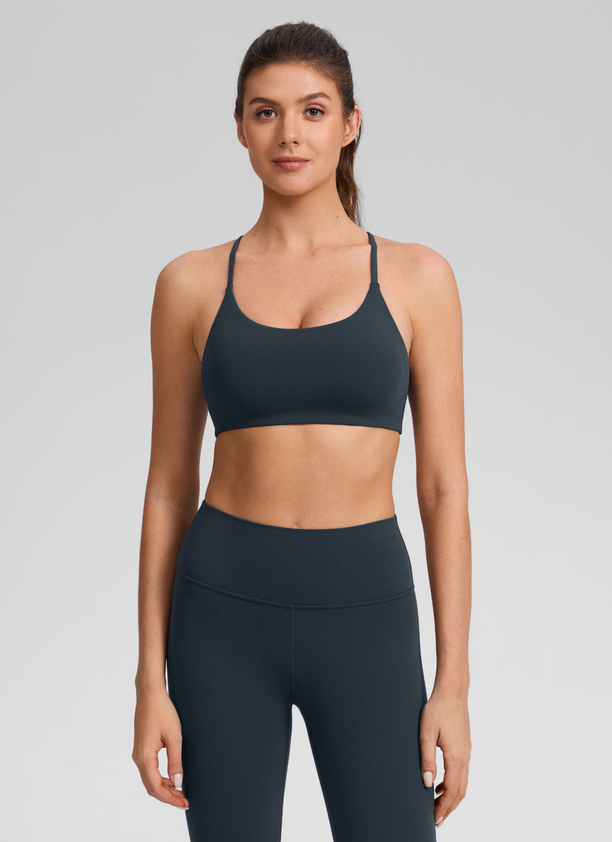 CRZ YOGA Women's Butterlift® Yoga V Back Double Lined Sports Bra True Navy @model_info:Gelya