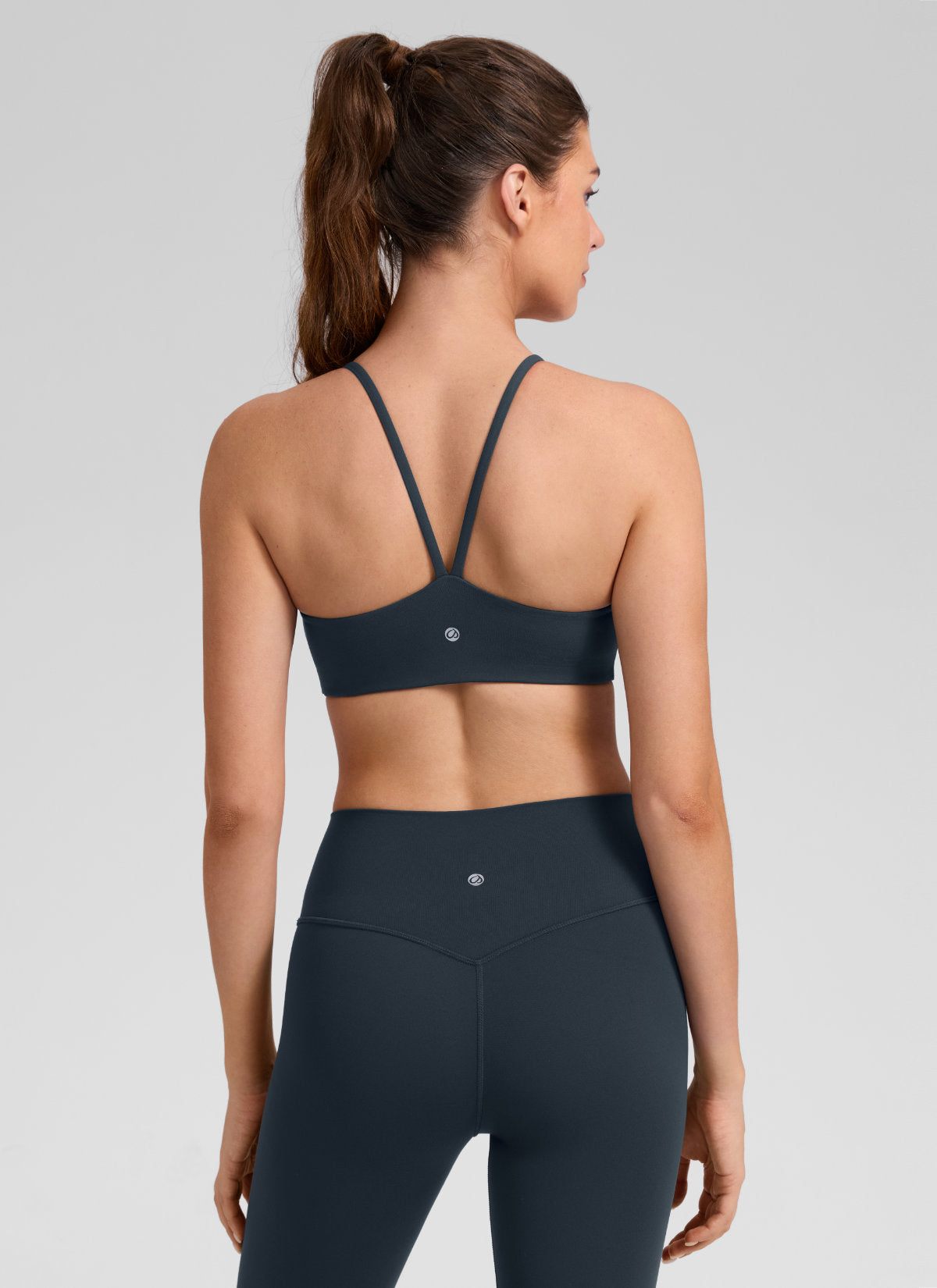 CRZ YOGA Women's Butterlift® Yoga V Back Double Lined Sports Bra True Navy @model_info:Gelya