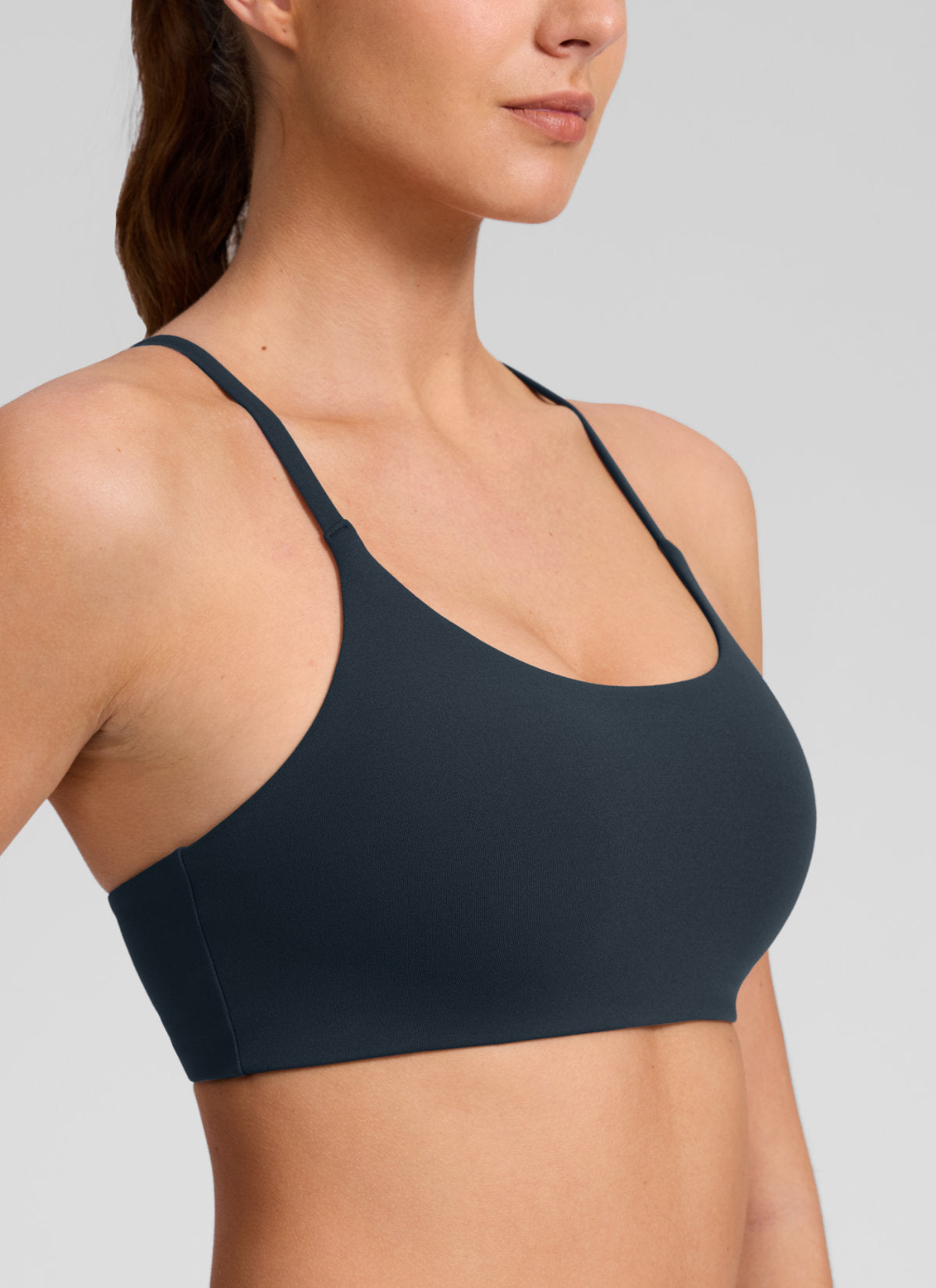 CRZ YOGA Women's Butterlift® Yoga V Back Double Lined Sports Bra True Navy @model_info:Gelya