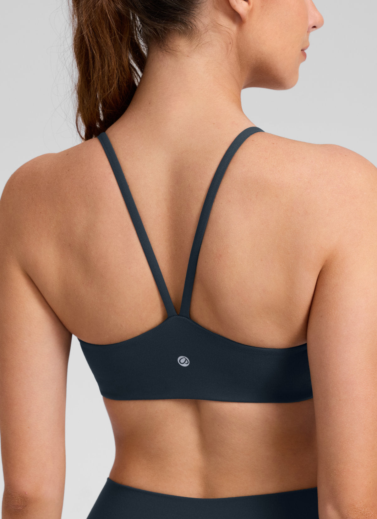 CRZ YOGA Women's Butterlift® Yoga V Back Double Lined Sports Bra True Navy @model_info:Gelya