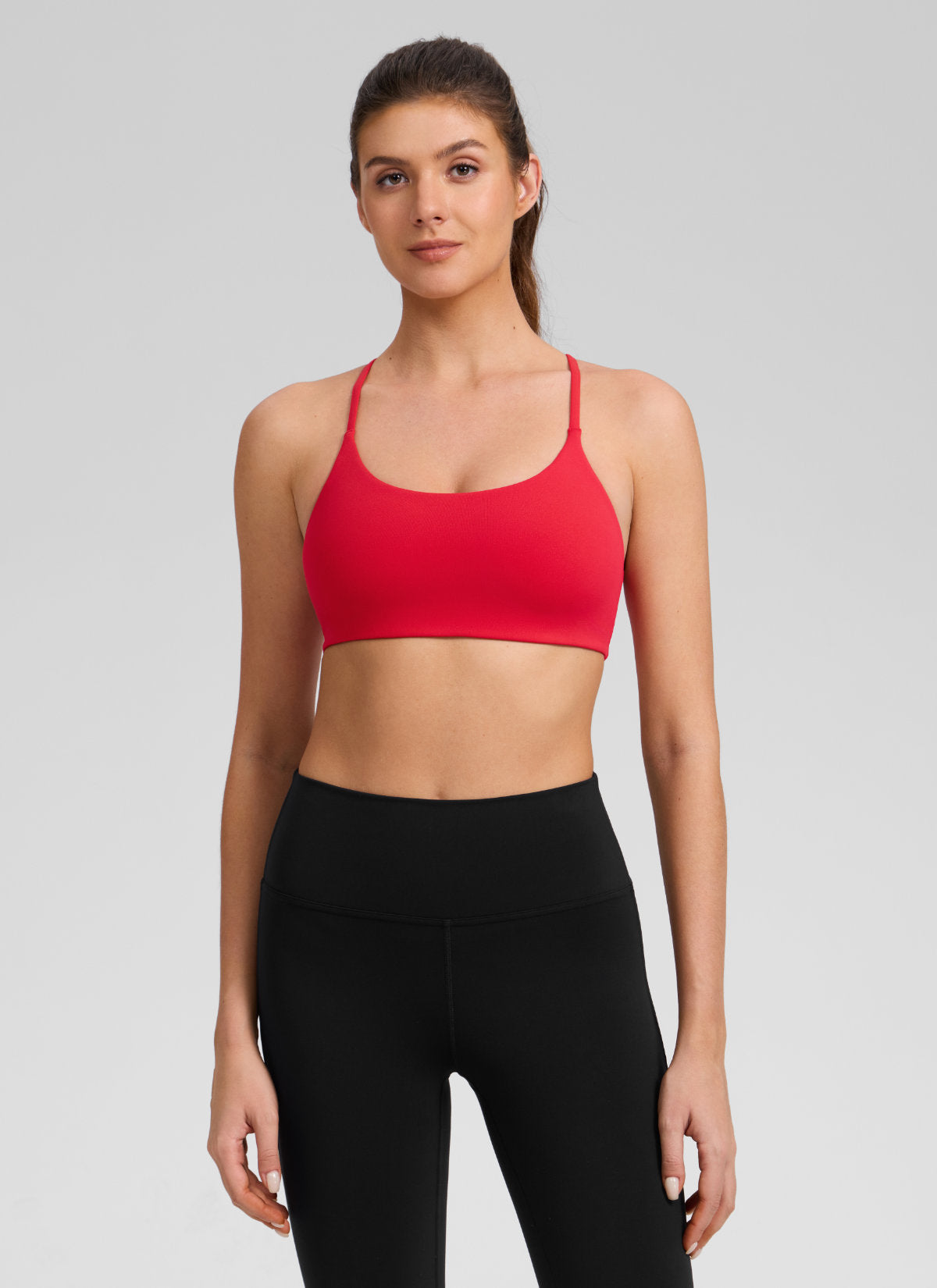 CRZ YOGA Women's Butterlift® Yoga V Back Double Lined Sports Bra Aurora Red @model_info:Gelya