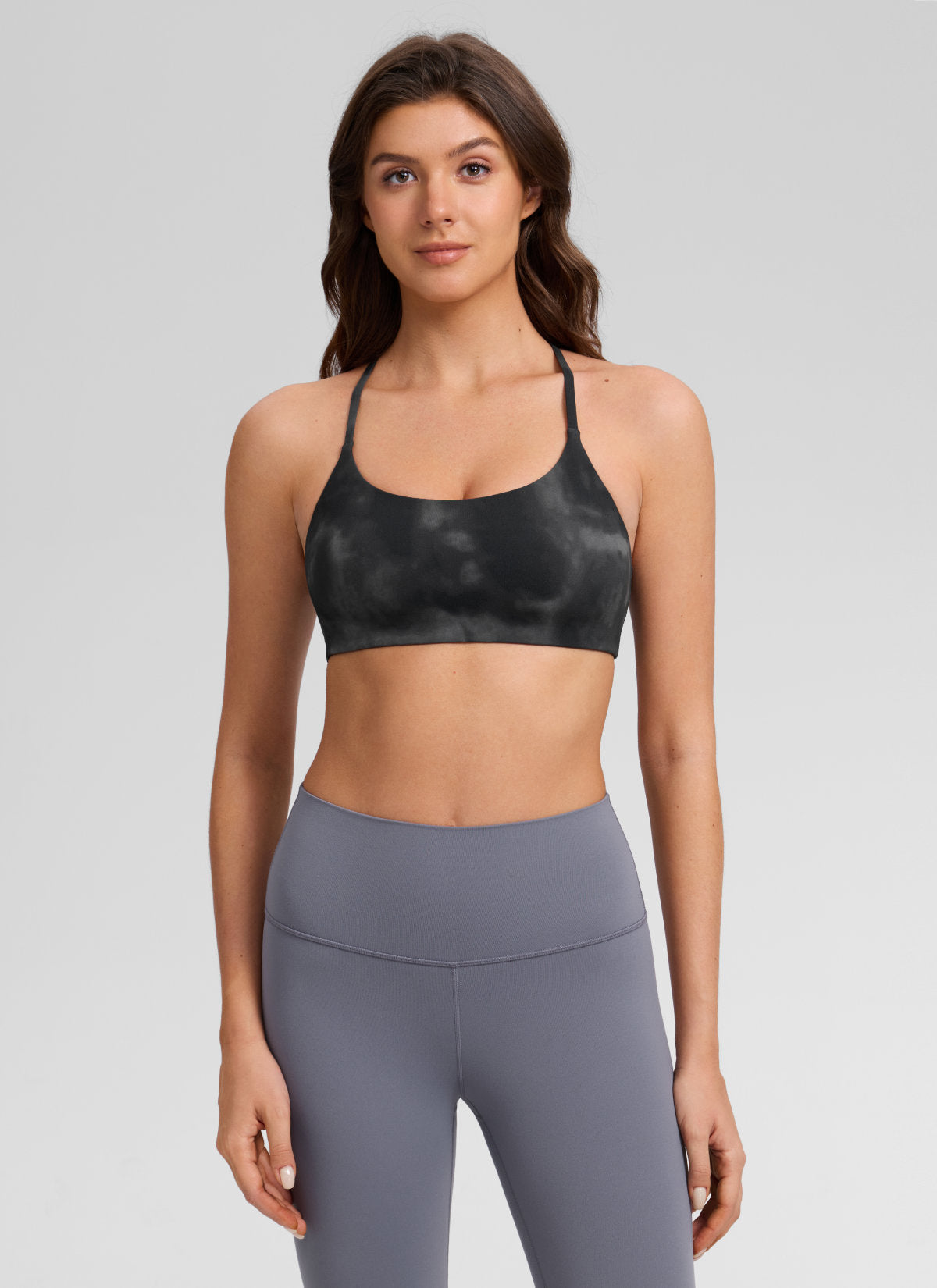 CRZ YOGA Women's Butterlift® Yoga V Back Double Lined Sports Bra Grey Tie Dye Flowers @model_info:Gelya