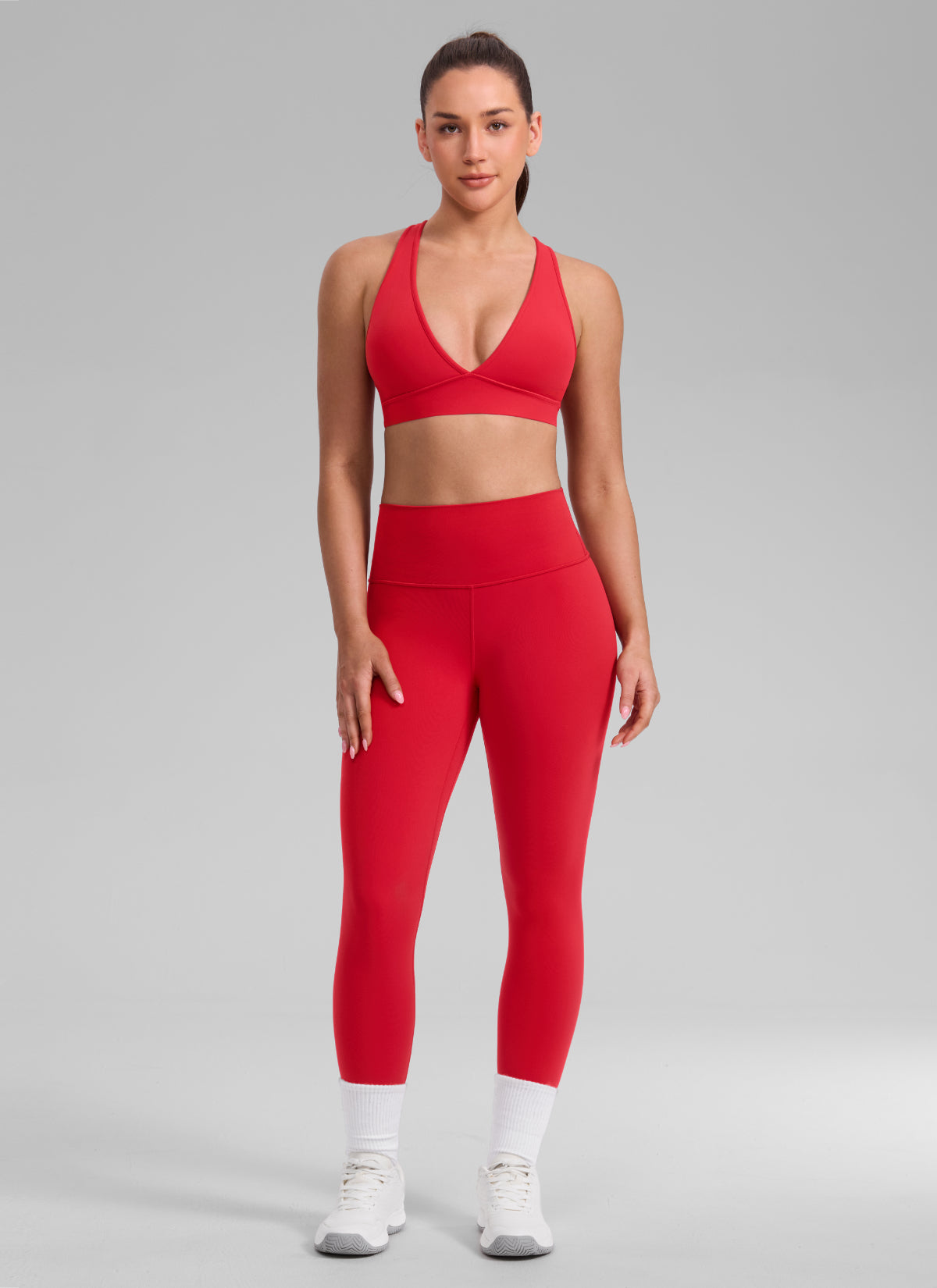 CRZ YOGA Women's Butterlift® Workout Deep V Neck Cross Back Sports Bra Aurora Red @model_info:Brooklyn