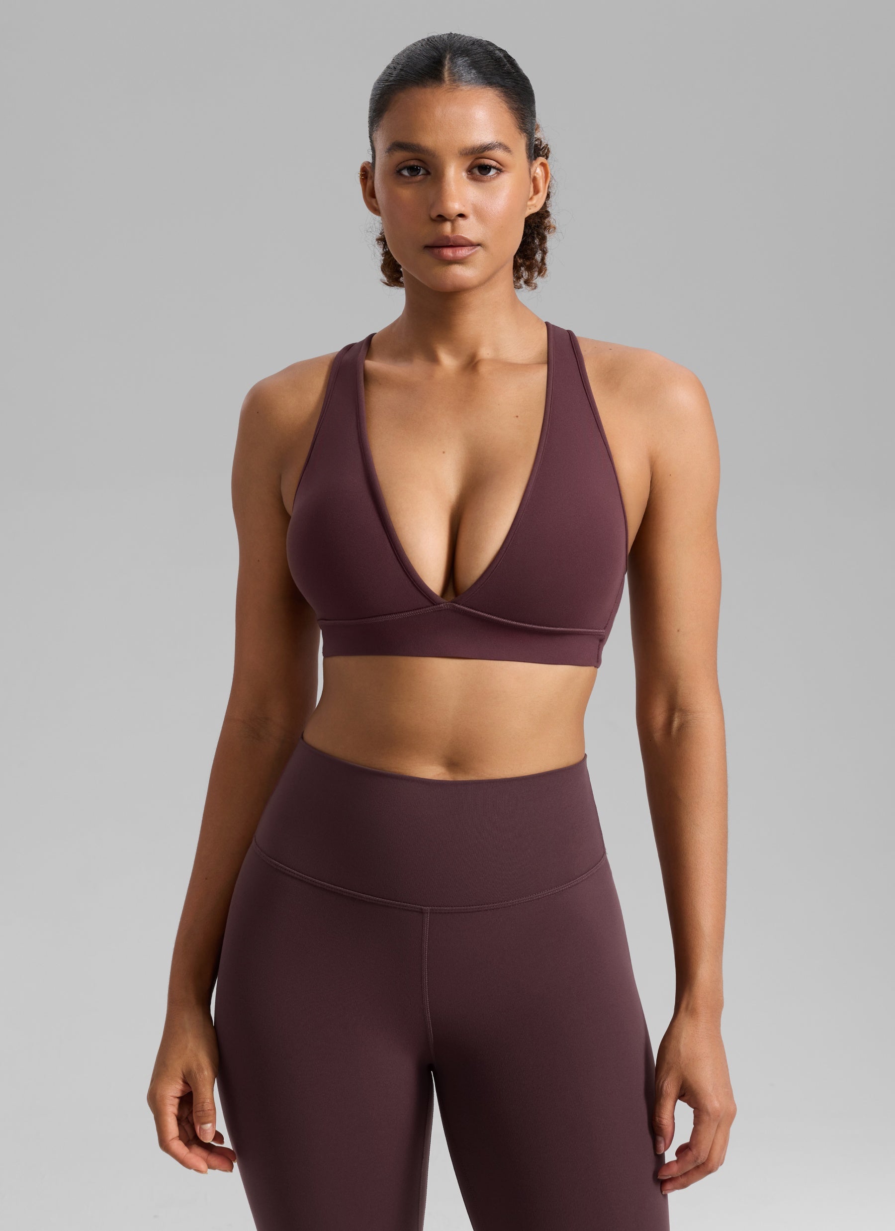 CRZ YOGA Women's Butterlift® Workout Deep V Neck Cross Back Sports Bra Ripe Plum @model_info:Barbara