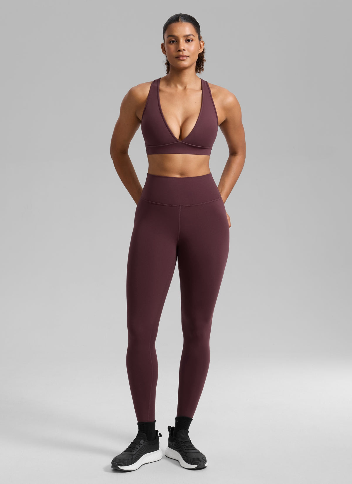 CRZ YOGA Women's Butterlift® Workout Deep V Neck Cross Back Sports Bra Ripe Plum @model_info:Barbara