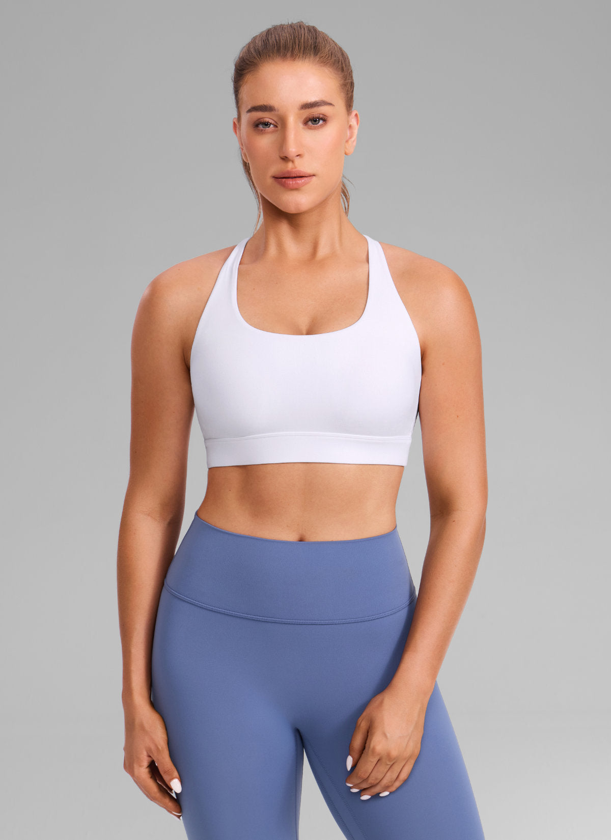 CRZ YOGA Women's Butterlift® Workout Crewneck Cross Back Sports Bra White @model_info:Julia