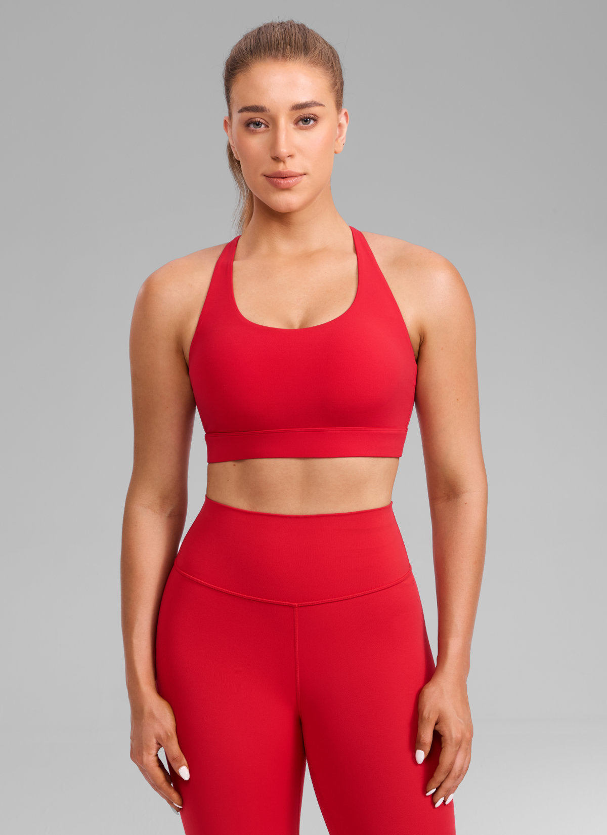 CRZ YOGA Women's Butterlift® Workout Crewneck Cross Back Sports Bra Aurora Red @model_info:Julia
