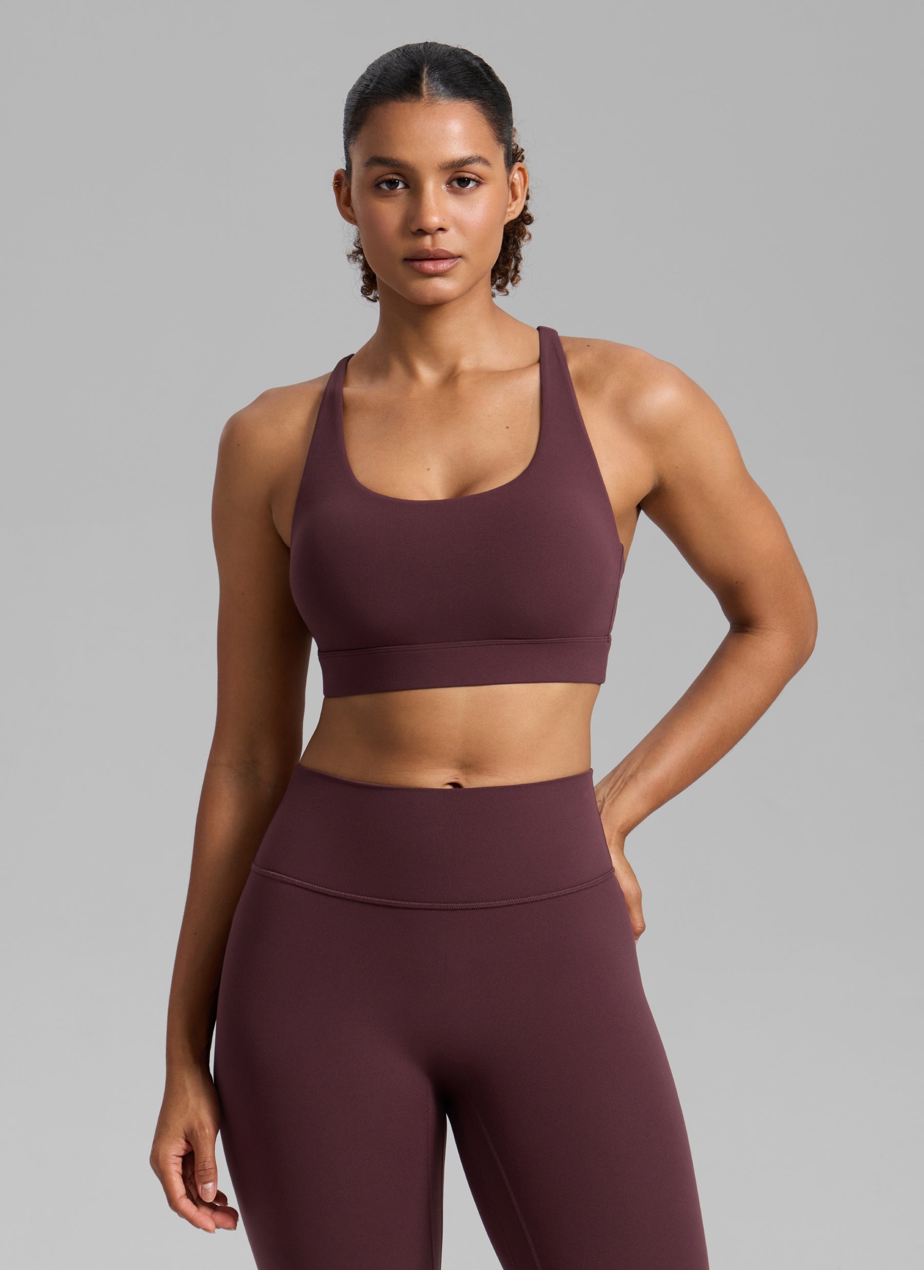 CRZ YOGA Women's Butterlift® Workout Crewneck Cross Back Sports Bra Ripe Plum @model_info:Barbara