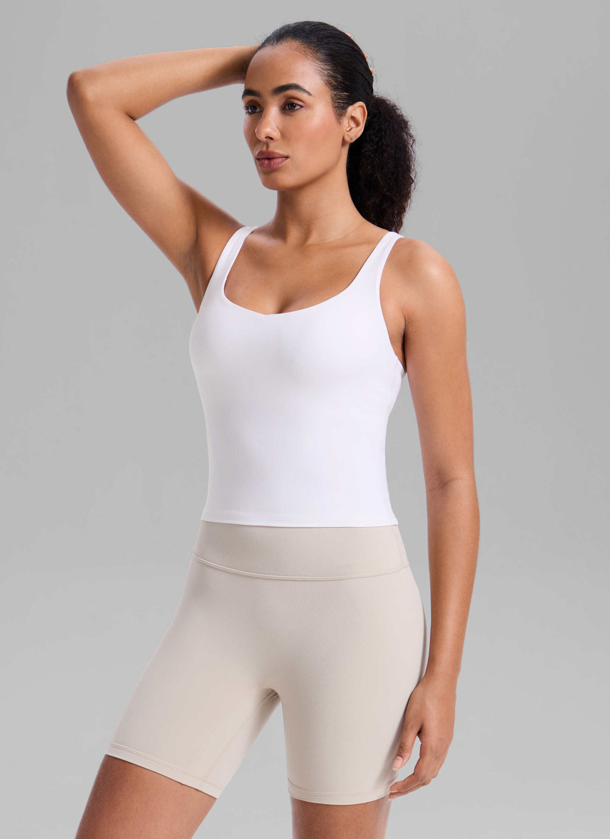 CRZ YOGA Women's Butterlift Workout V Neck Racerback Built in Bra Tank White @model_info:Nicole