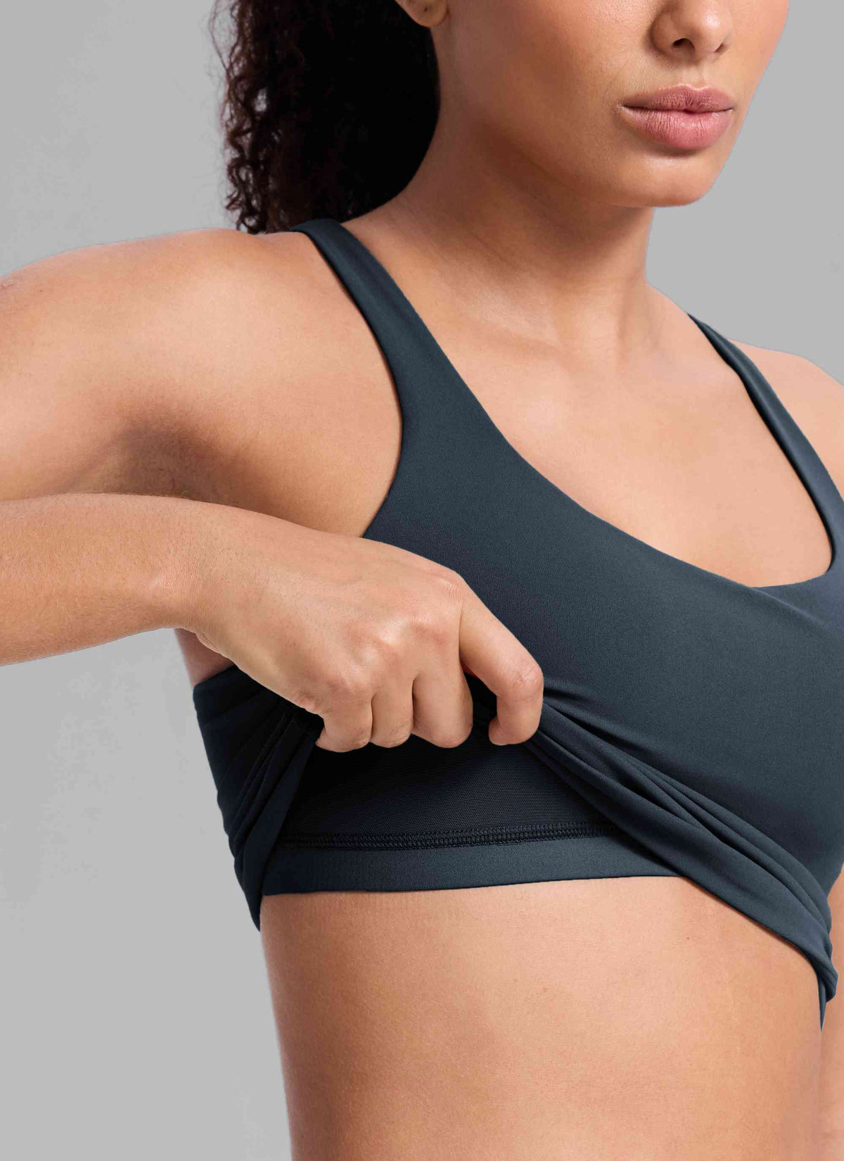 CRZ YOGA Women's Butterlift Workout V Neck Racerback Built in Bra Tank True Navy @model_info:Nicole