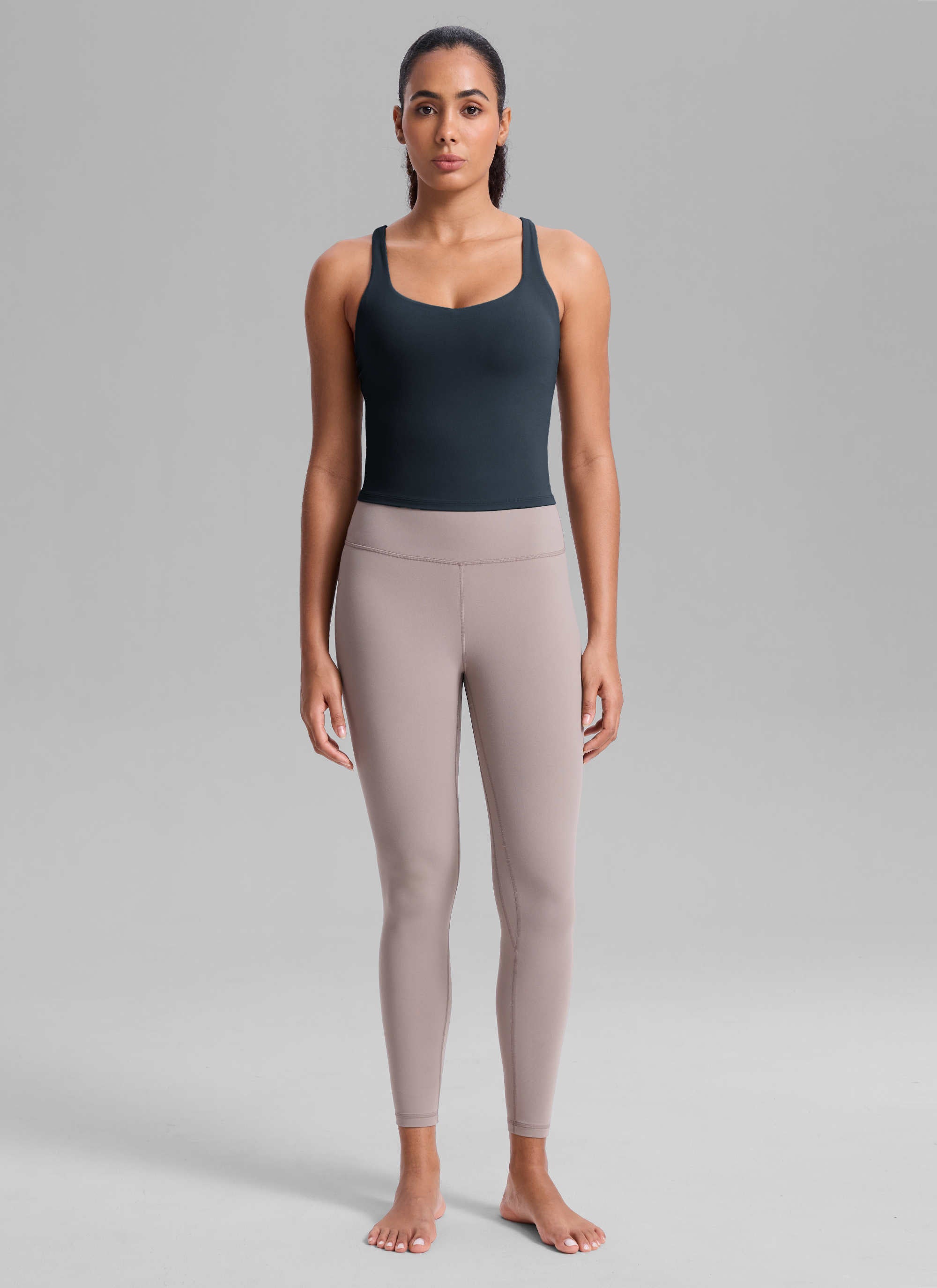CRZ YOGA Women's Butterlift Workout V Neck Racerback Built in Bra Tank True Navy @model_info:Nicole