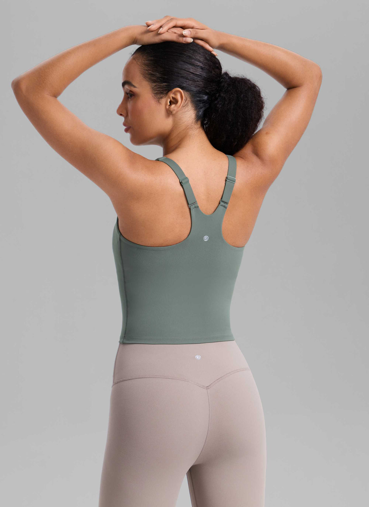 CRZ YOGA Women's Butterlift Workout V Neck Racerback Built in Bra Tank Grey Sage @model_info:Nicole