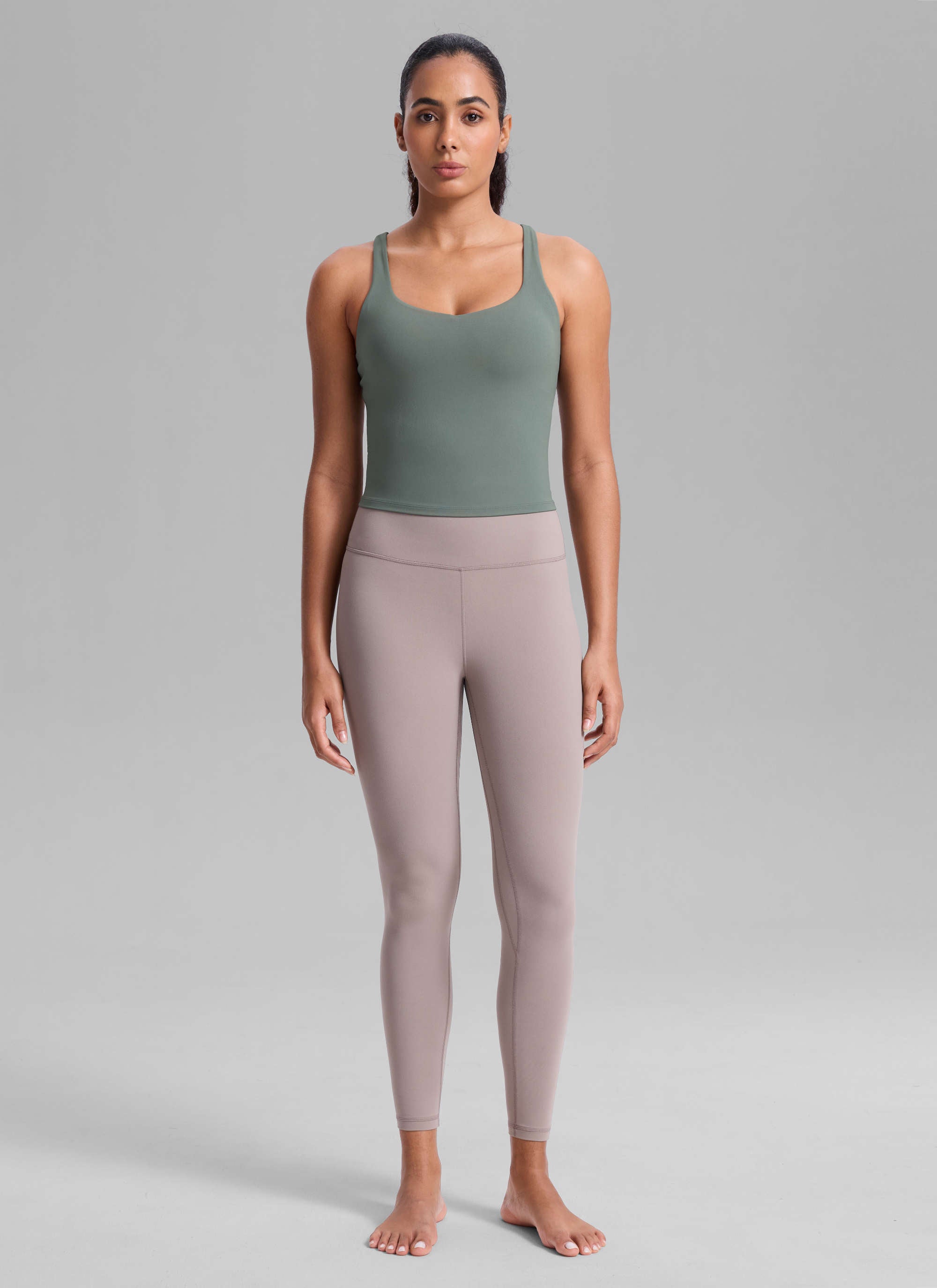 CRZ YOGA Women's Butterlift Workout V Neck Racerback Built in Bra Tank Grey Sage @model_info:Nicole