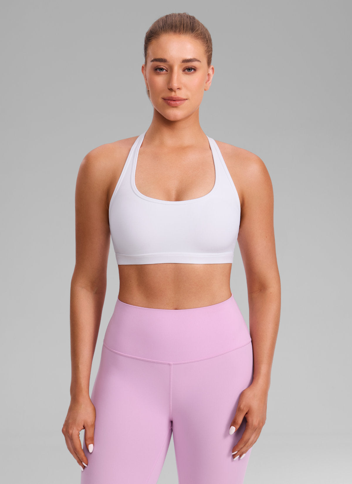 CRZ YOGA Women's Butterlift Yoga U Neck Racerback Keyhole Sports Bra White @model_info:Julia