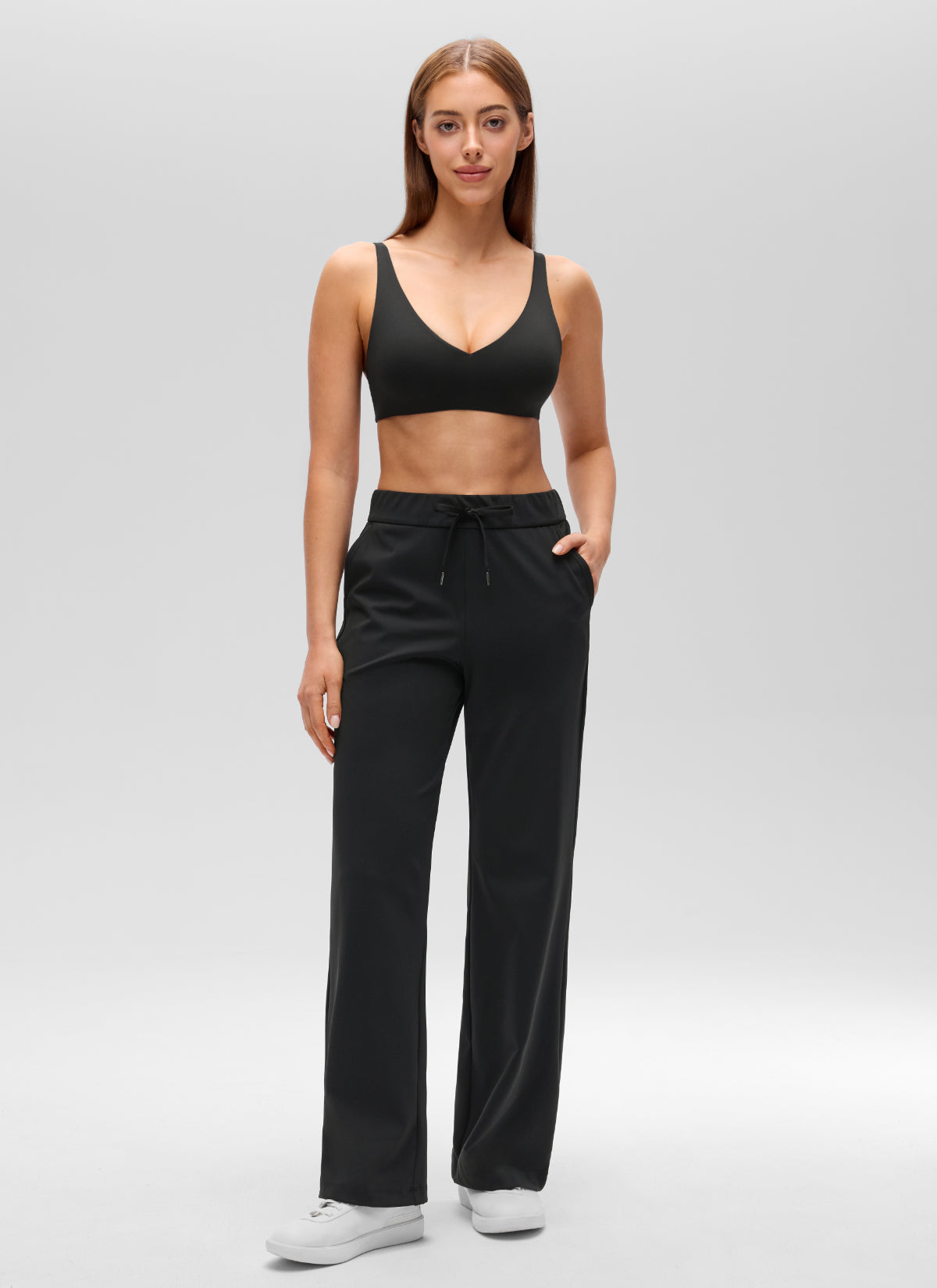CRZ YOGA Women's Softhold Casual V Neck Backless Double Lined Bralette Black @model_info:Lary