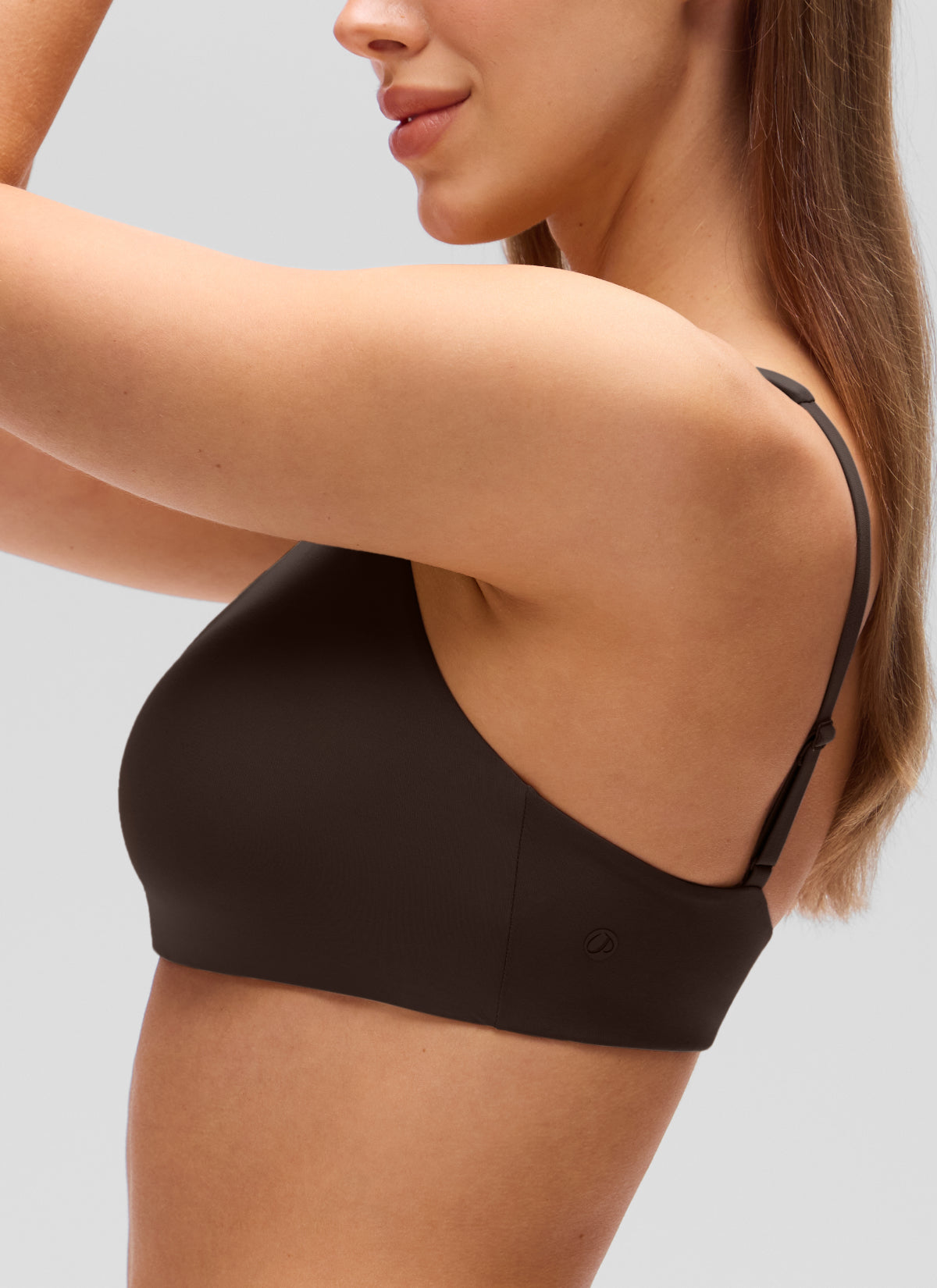 CRZ YOGA Women's Softhold Casual V Neck Backless Double Lined Bralette Hot Fudge Brown @model_info:Lary