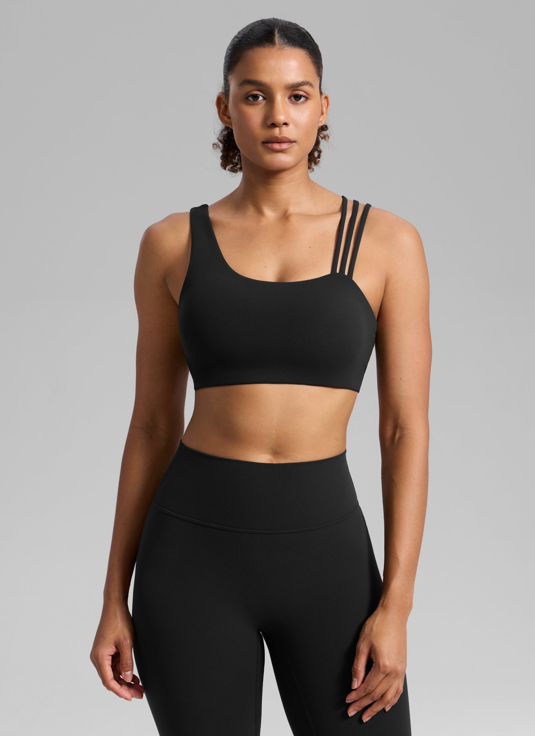 Women's Butterlift® Yoga Asymmetric Straps Sports Bra Medium Support Black @model_info:Barbara