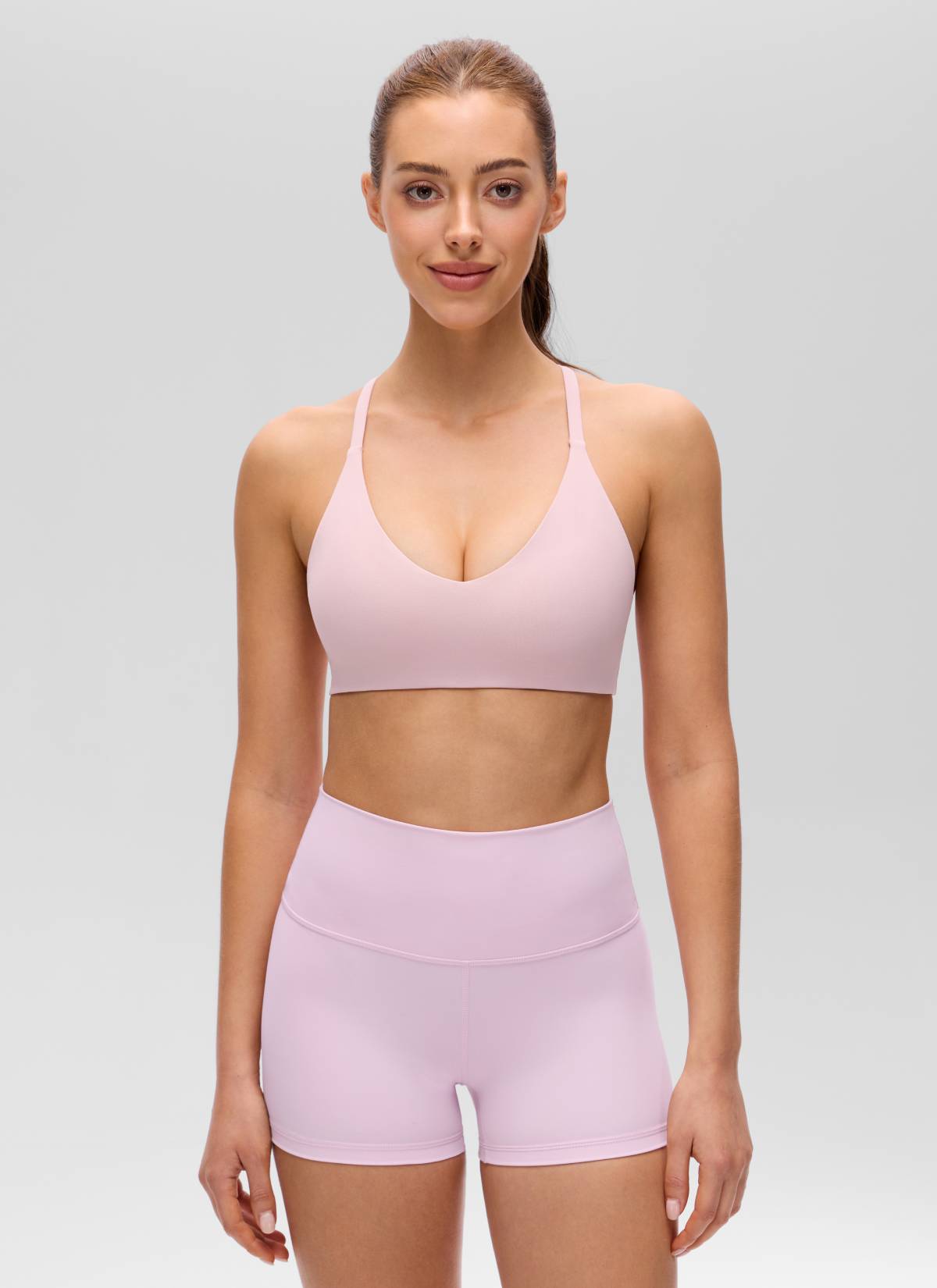 CRZ YOGA Women's Butterluxe V Neck  Racerback Thin Straps Sports Bra Pink Haze @model_info:Lary