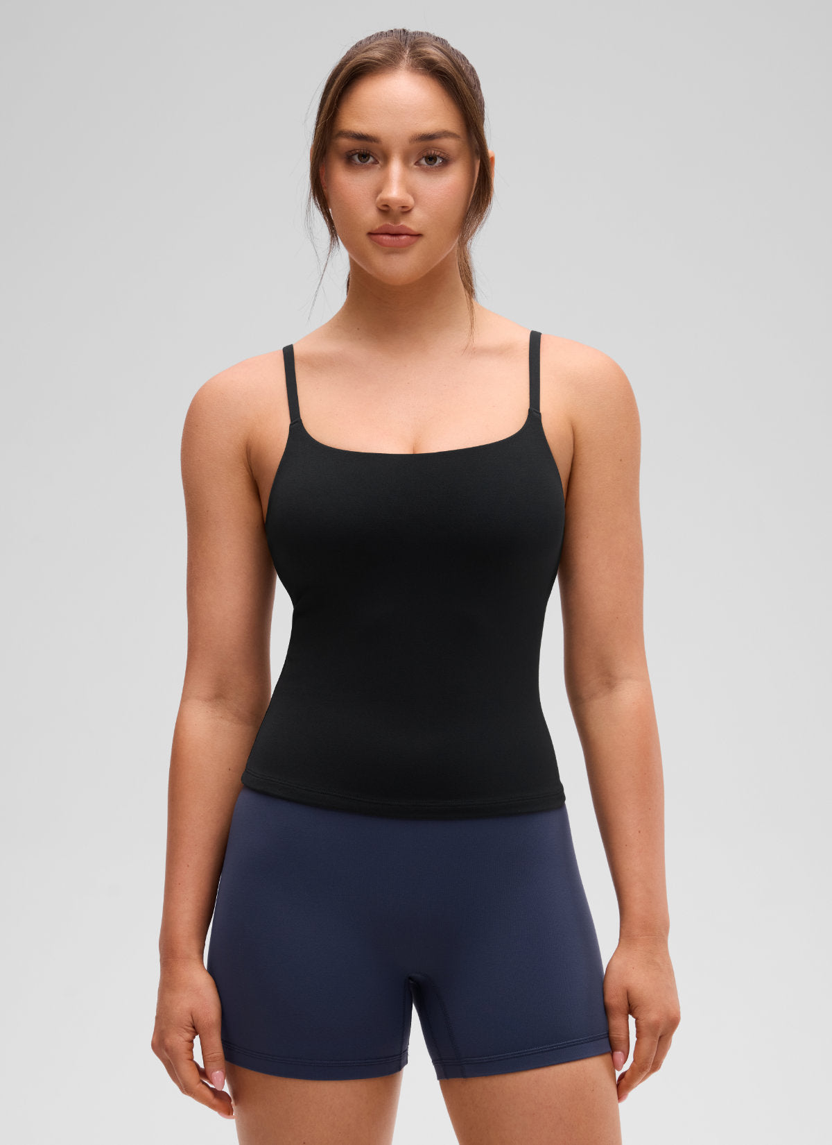 CRZ YOGA Women's Yoga Softretch U Back Waist Length Built in Bra Tank Black @model_info:Brooklyn