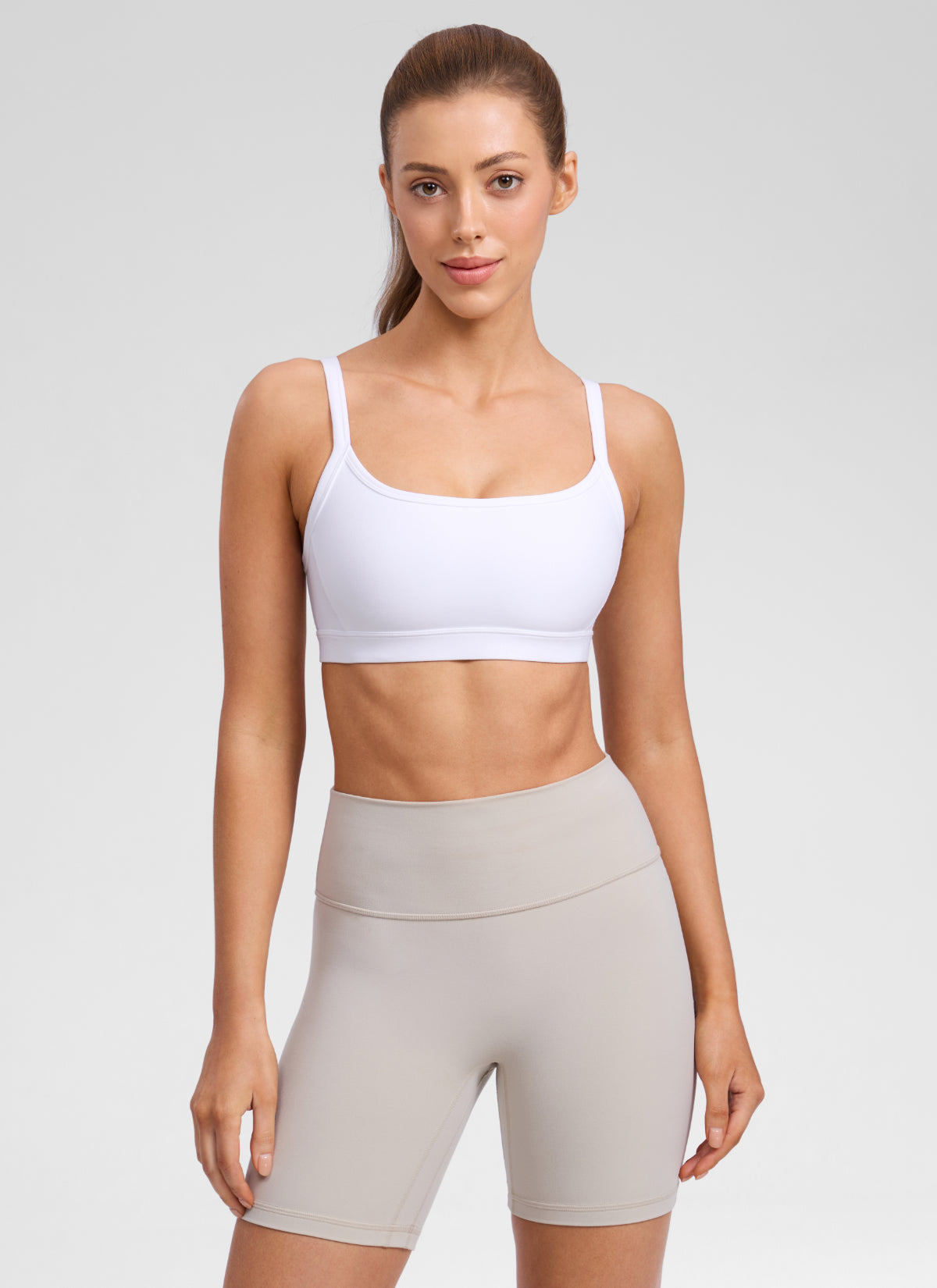 CRZ YOGA Women's Butterlift Workout Scoop Neck Double Lined Sports Bra White @model_info:Lary