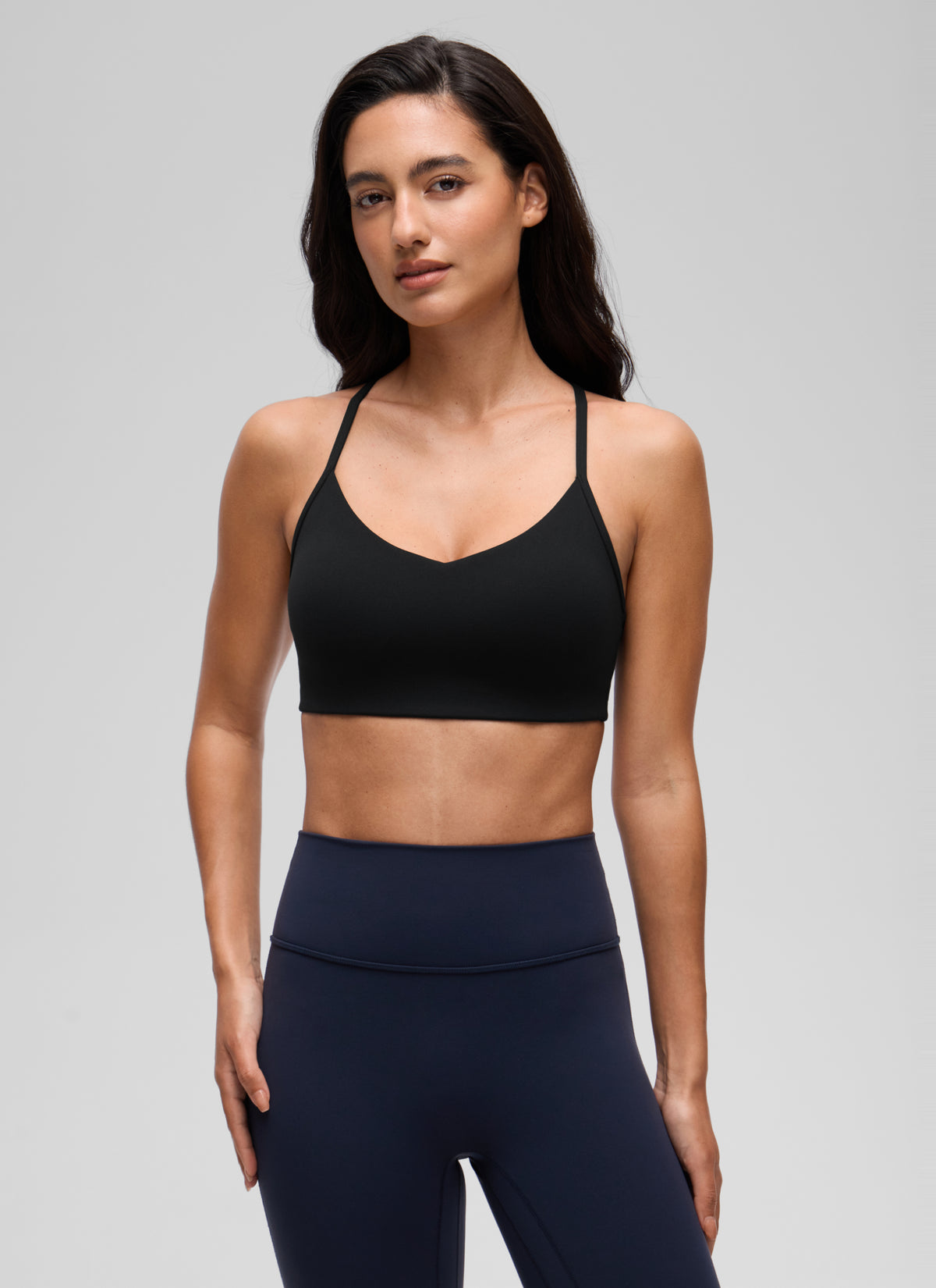 CRZ YOGA Women's Butterluxe Yoga Y Back V Neck Spaghetti Strap Sports Bra Black @model_info:A