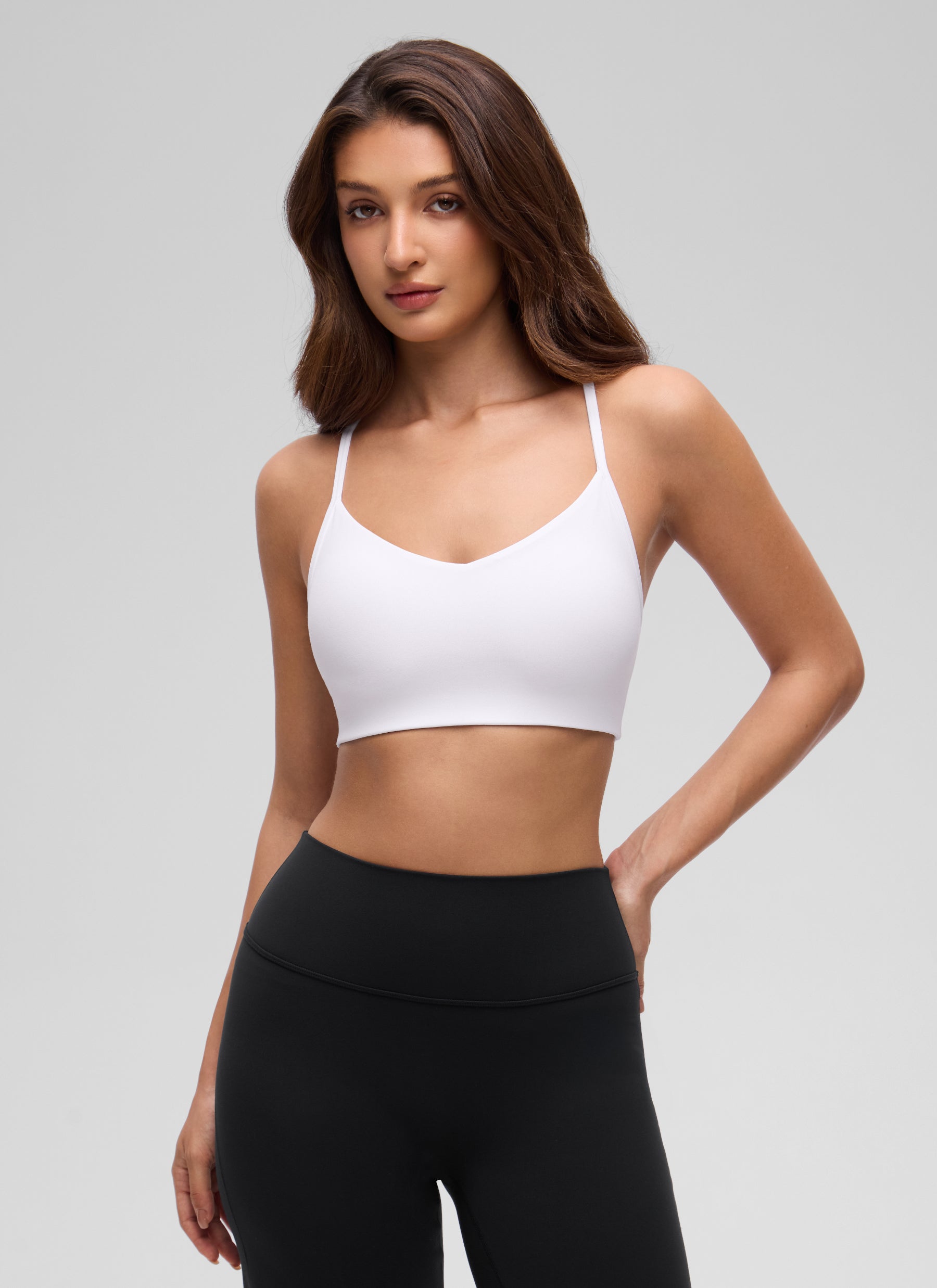 CRZ YOGA Women's Butterluxe Yoga Y Back V Neck Spaghetti Strap Sports Bra White @model_info:I