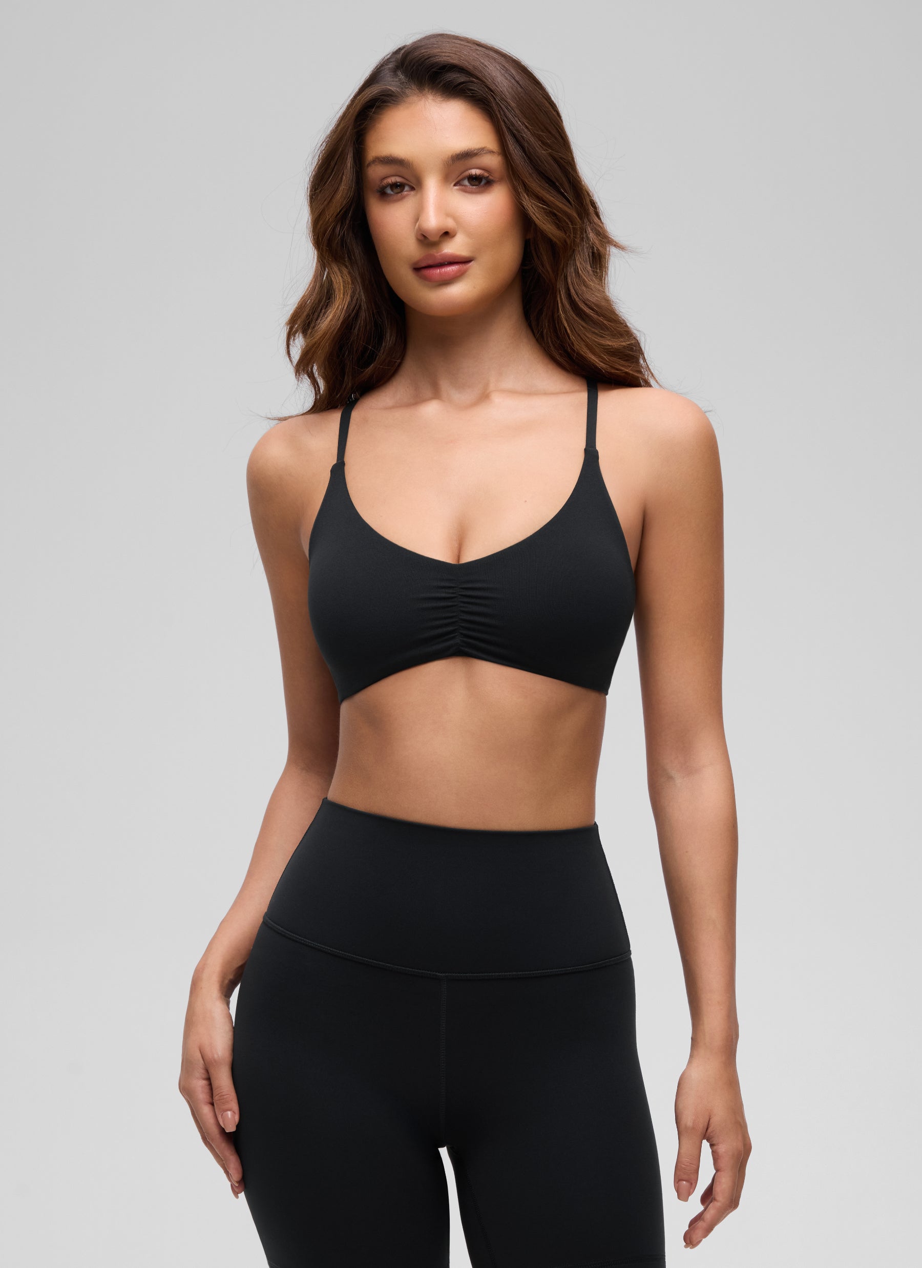 CRZ YOGA Women's Butterluxe Yoga V Neck Strappy Open Back Sports Bra Black @model_info:I