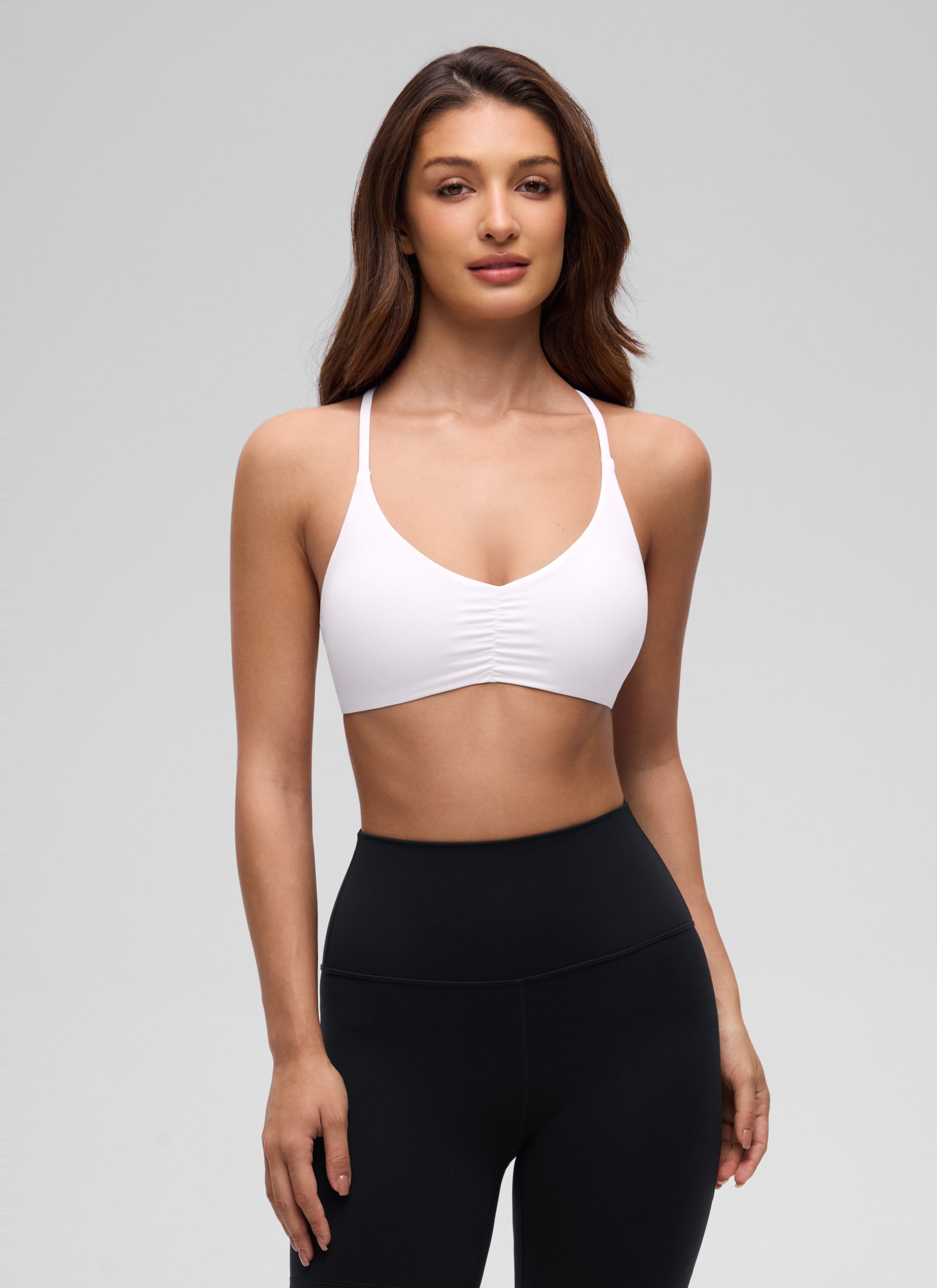 CRZ YOGA Women's Butterluxe Yoga V Neck Strappy Open Back Sports Bra White @model_info:I